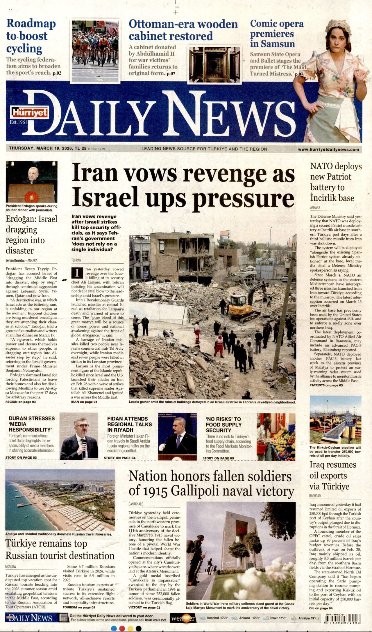 Hürriyet Daily News Gazetesi Manşeti - 19.03.2026