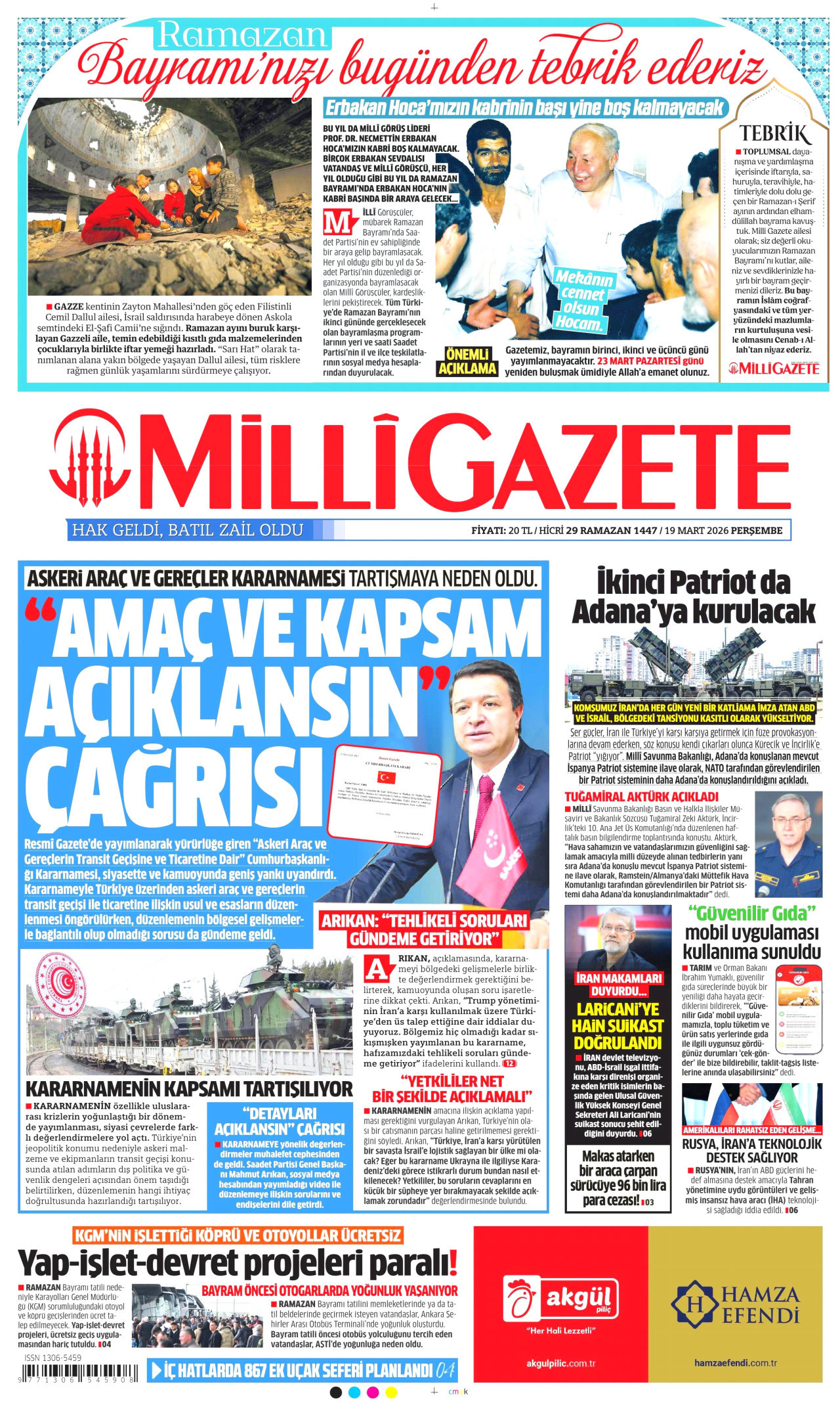 Milli Gazete Gazetesi Manşeti - 19.03.2026