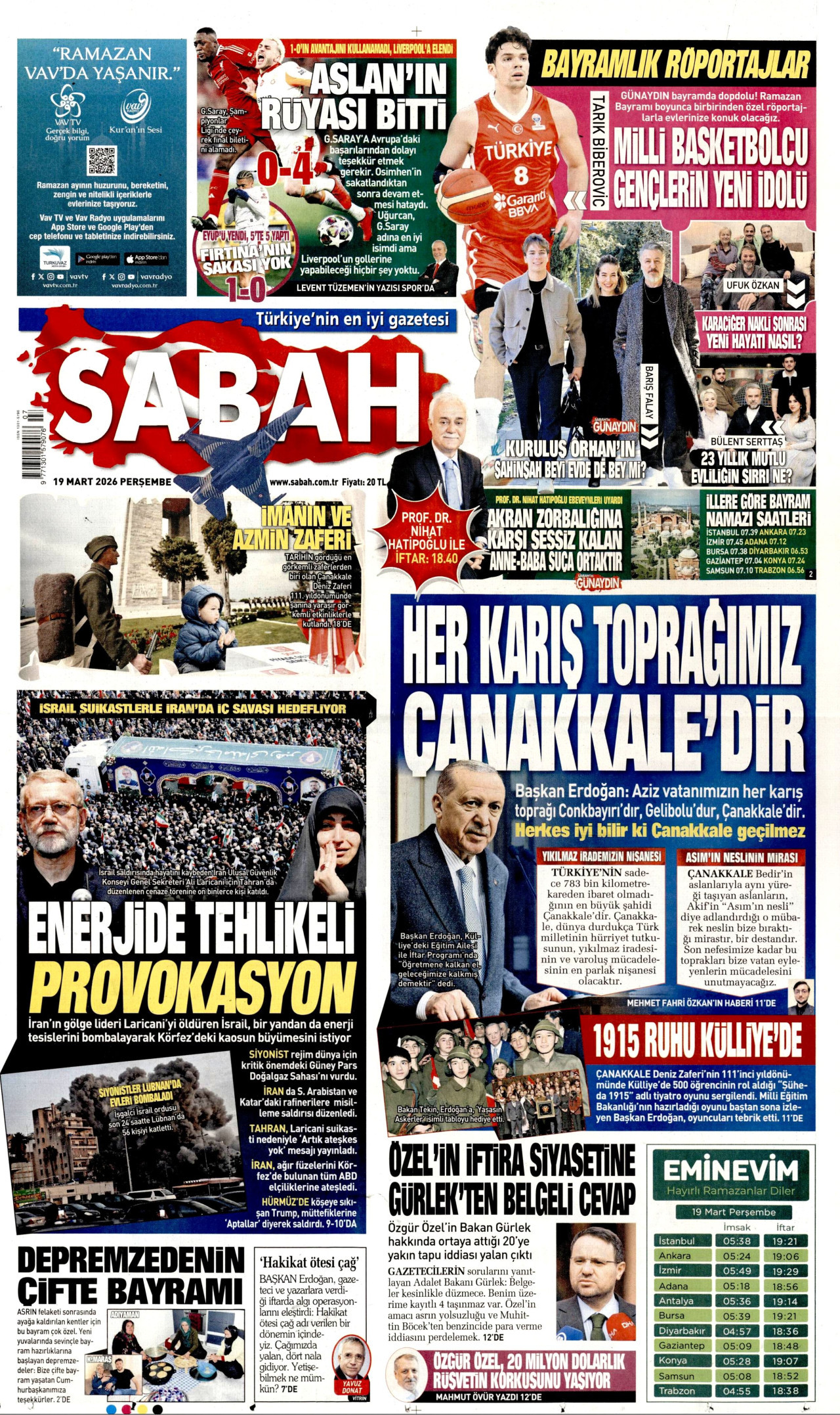 Sabah Gazetesi Manşeti - 19.03.2026