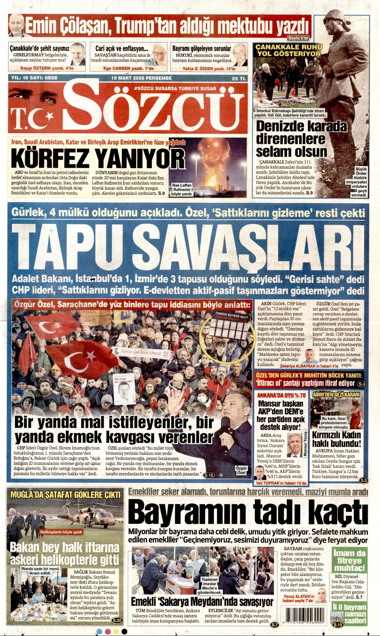 Sözcü Gazetesi Manşeti - 19.03.2026