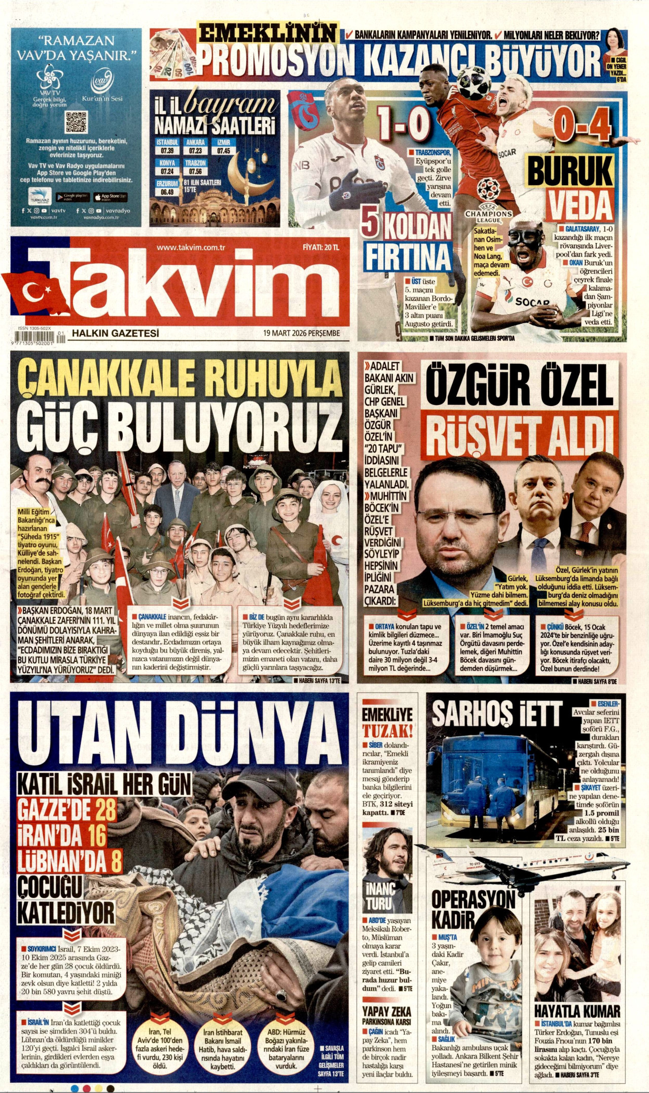 Takvim Gazetesi Manşeti - 19.03.2026