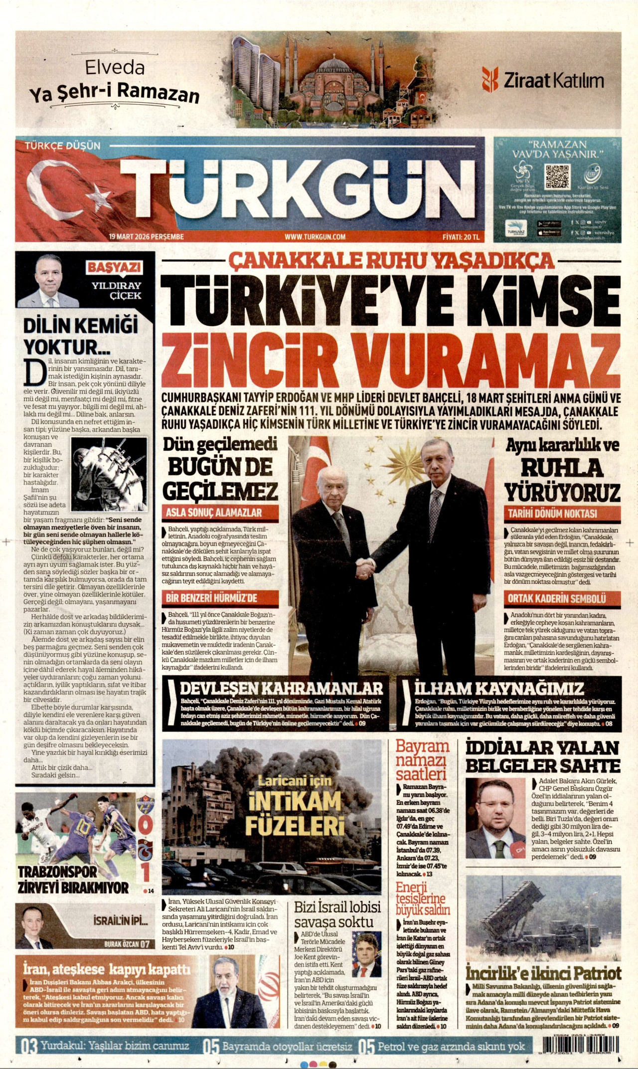 Türkgün Gazetesi Manşeti - 19.03.2026