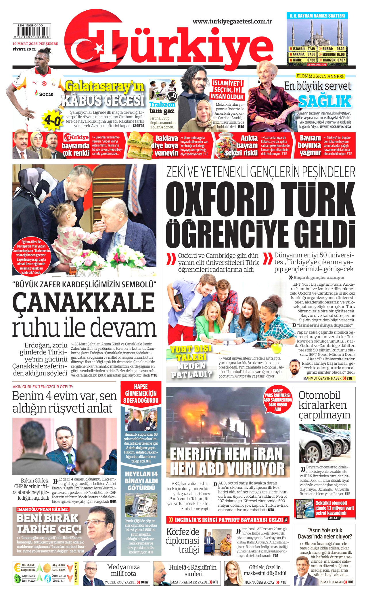 Türkiye Gazetesi Gazetesi Manşeti - 19.03.2026