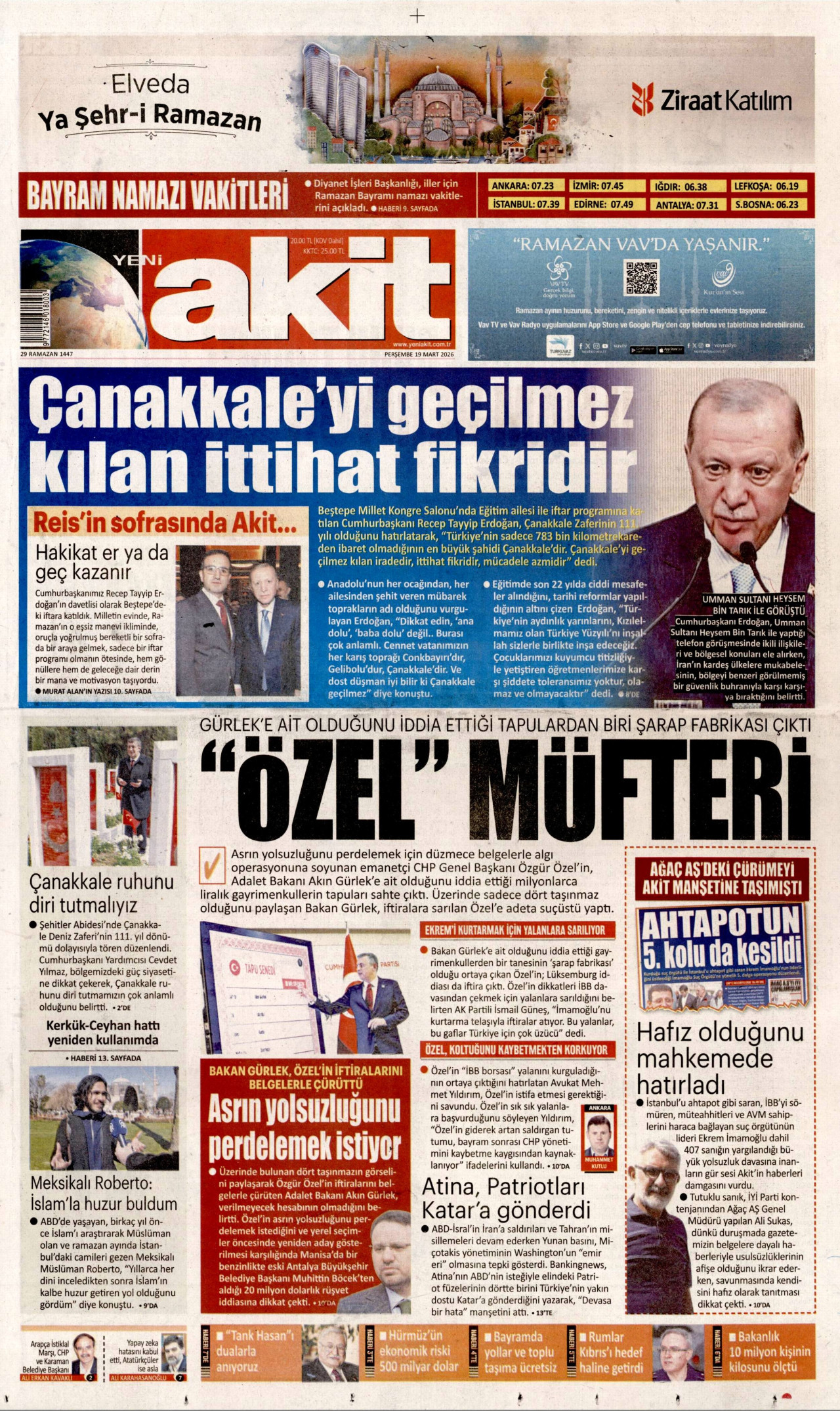 Yeni Akit Gazetesi Manşeti - 19.03.2026