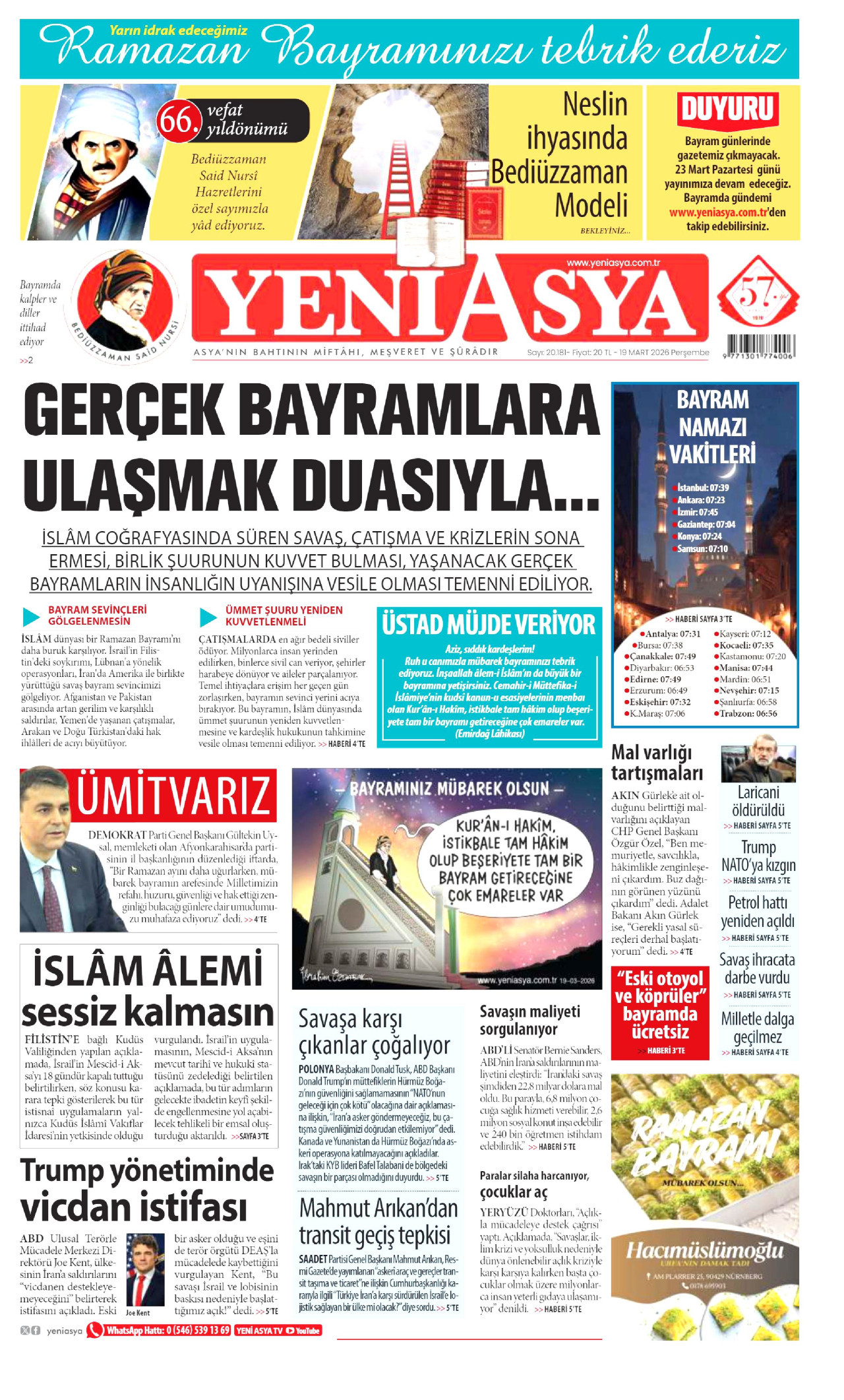 Yeni Asya Gazetesi Manşeti - 19.03.2026