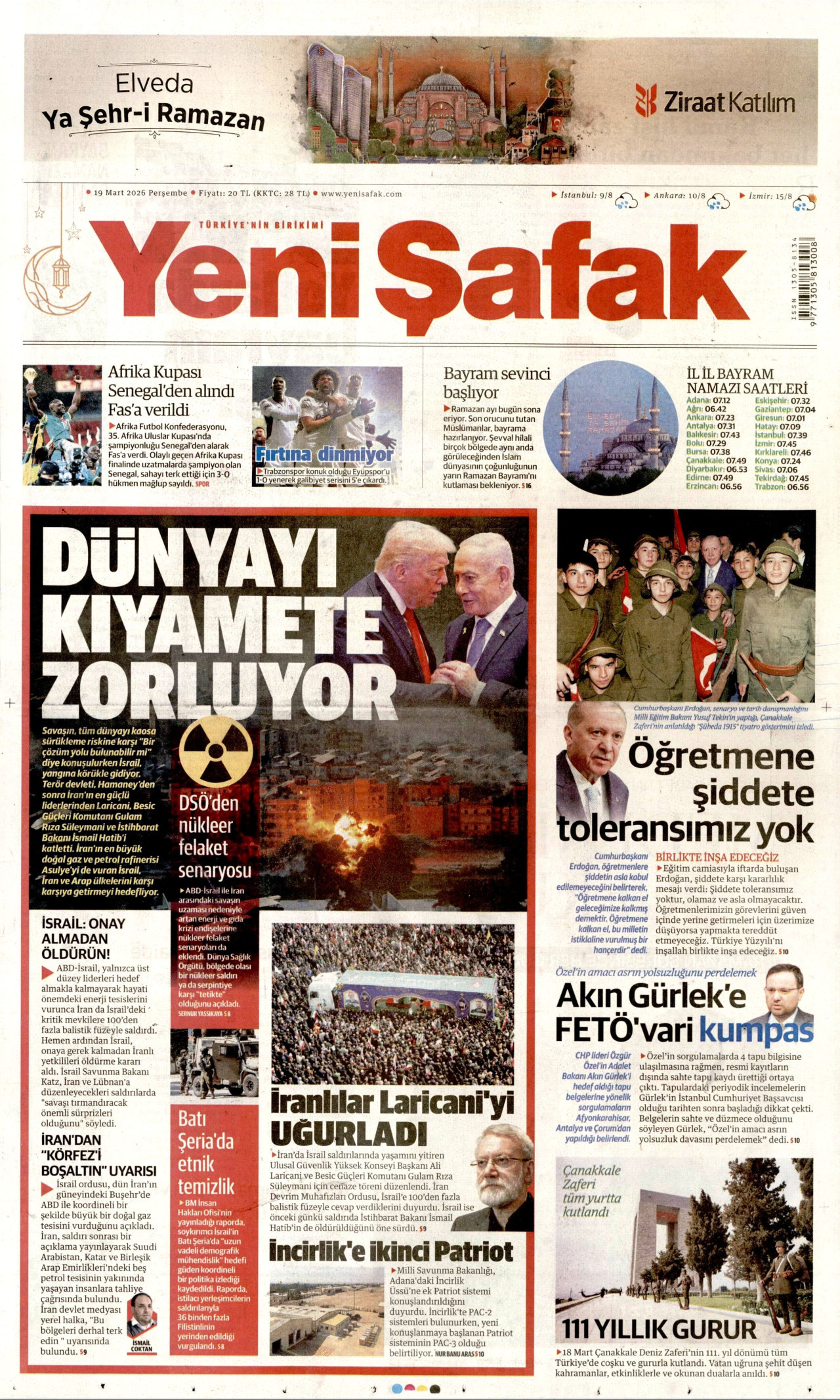 Yeni Şafak Gazetesi Manşeti - 19.03.2026