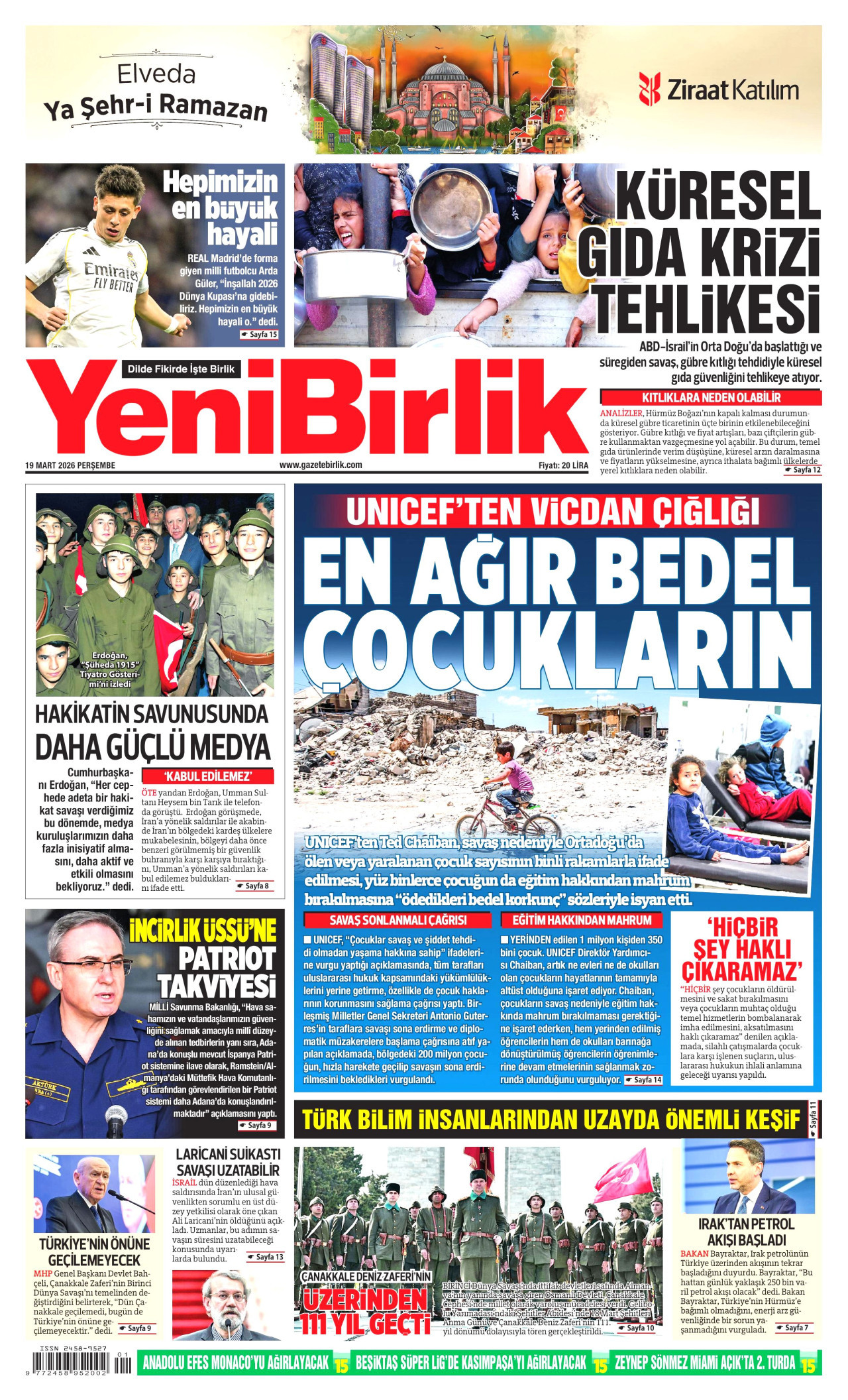 YeniBirlik Gazetesi Manşeti - 19.03.2026