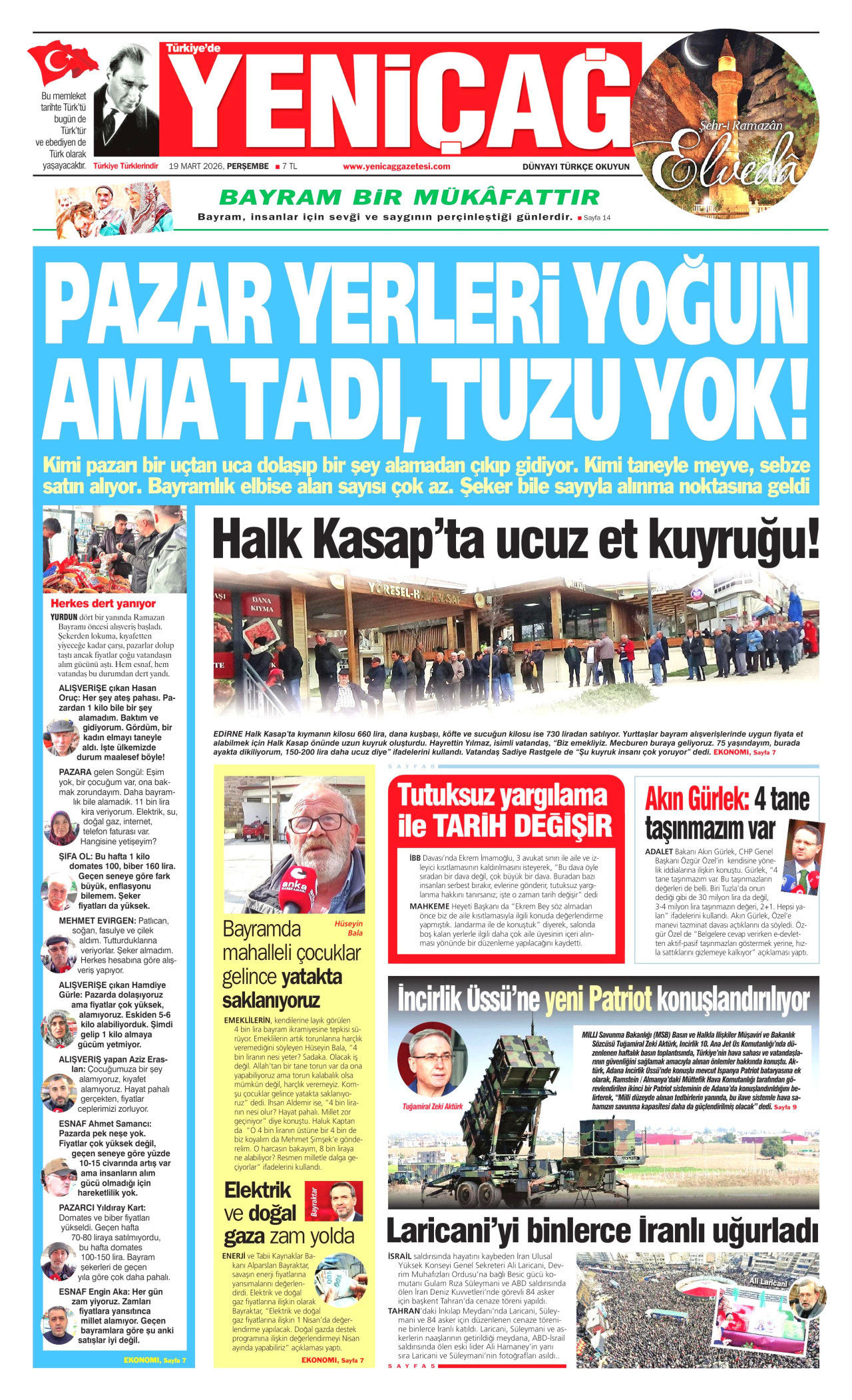 Yeniçağ Gazetesi Manşeti - 19.03.2026