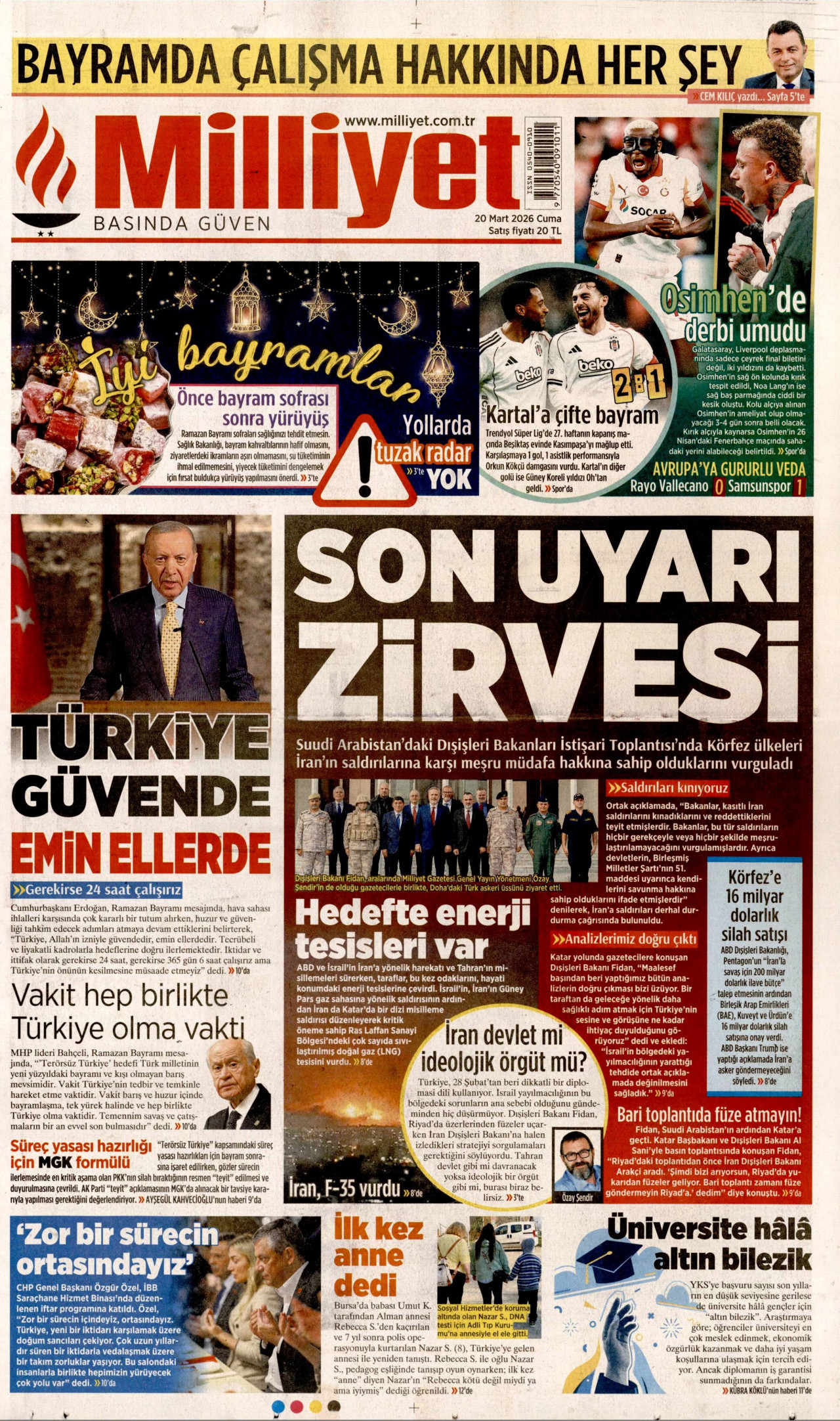 Milliyet Gazetesi Manşeti - 20.03.2026