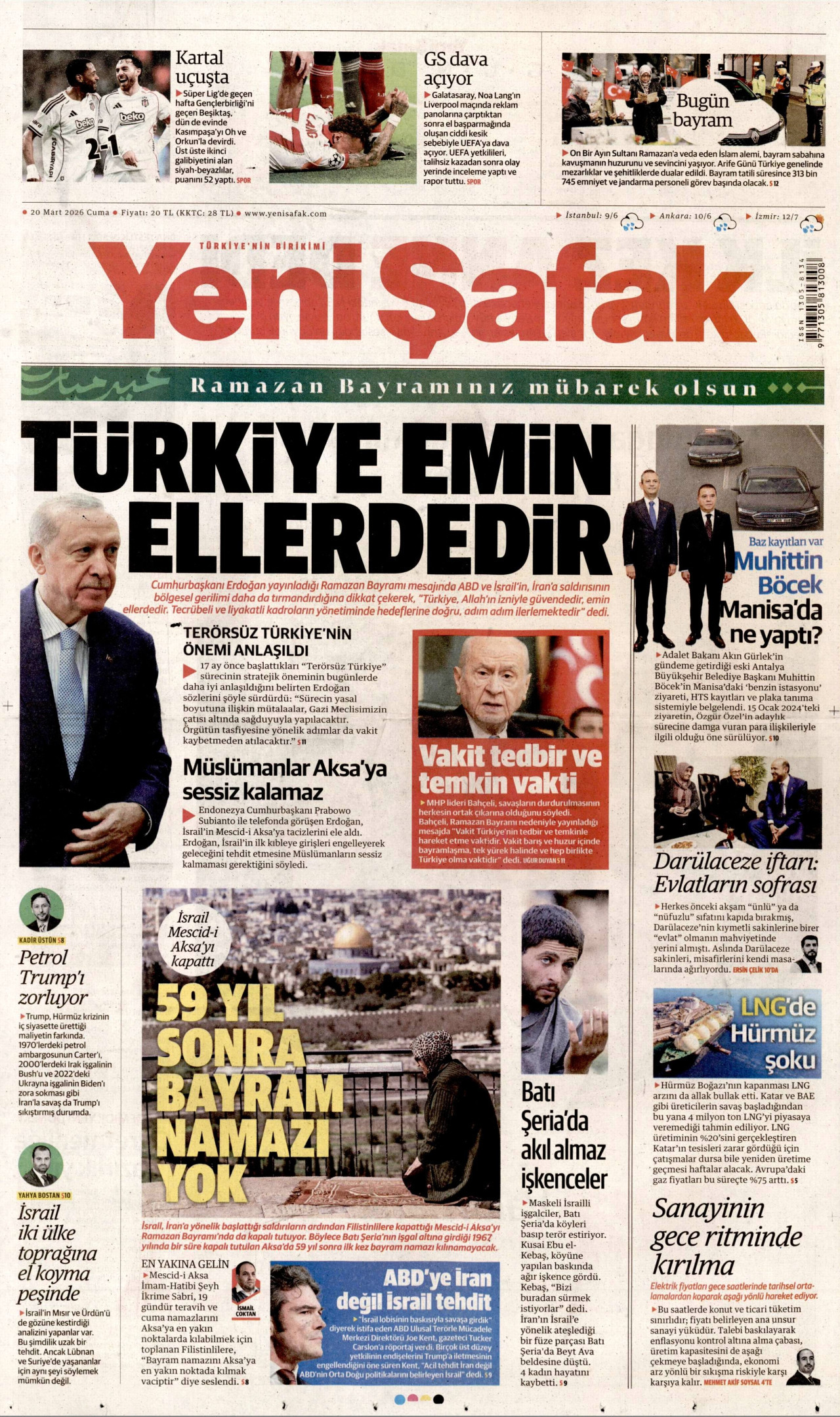 Yeni Şafak Gazetesi Manşeti - 20.03.2026