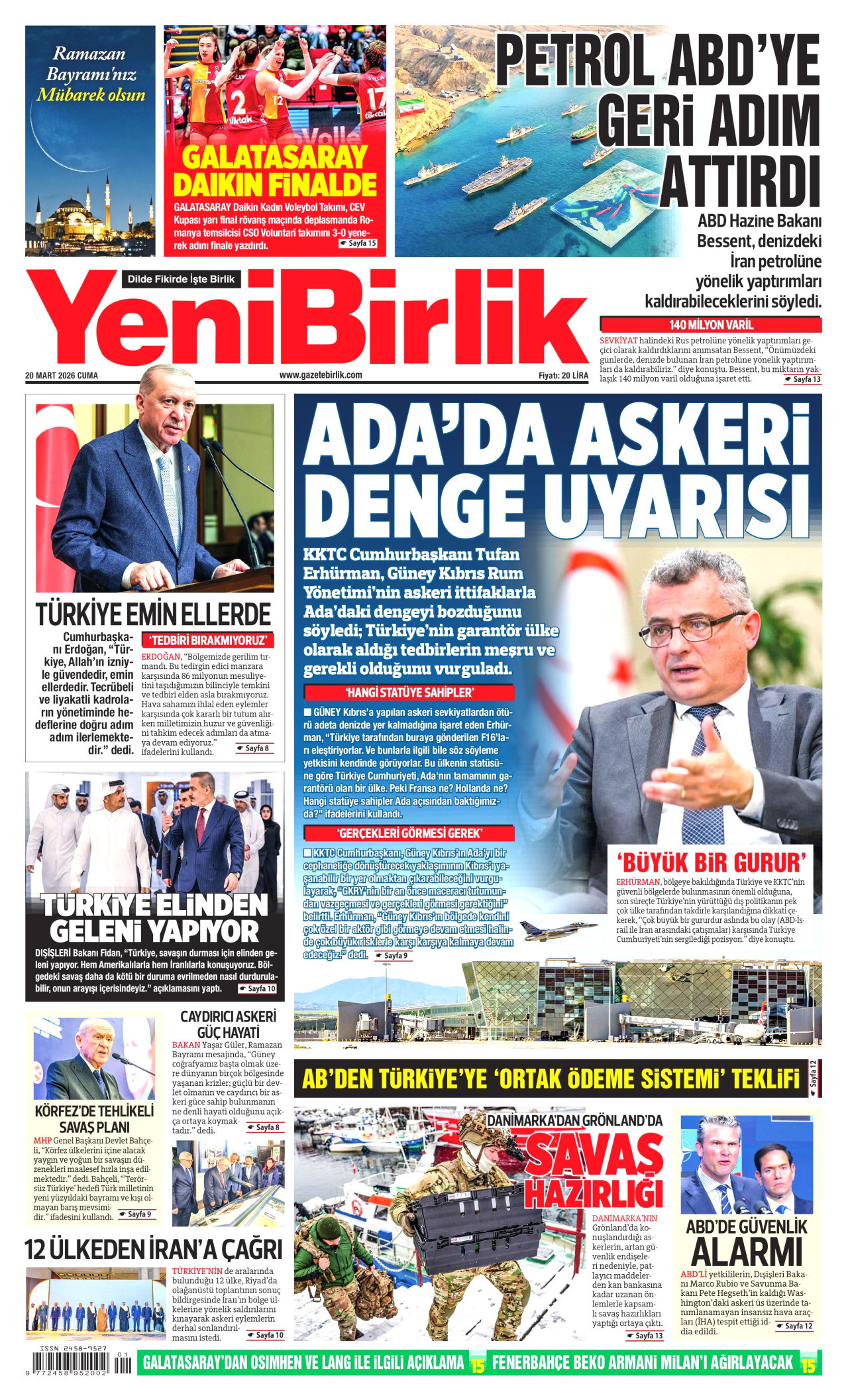 YeniBirlik Gazetesi Manşeti - 20.03.2026
