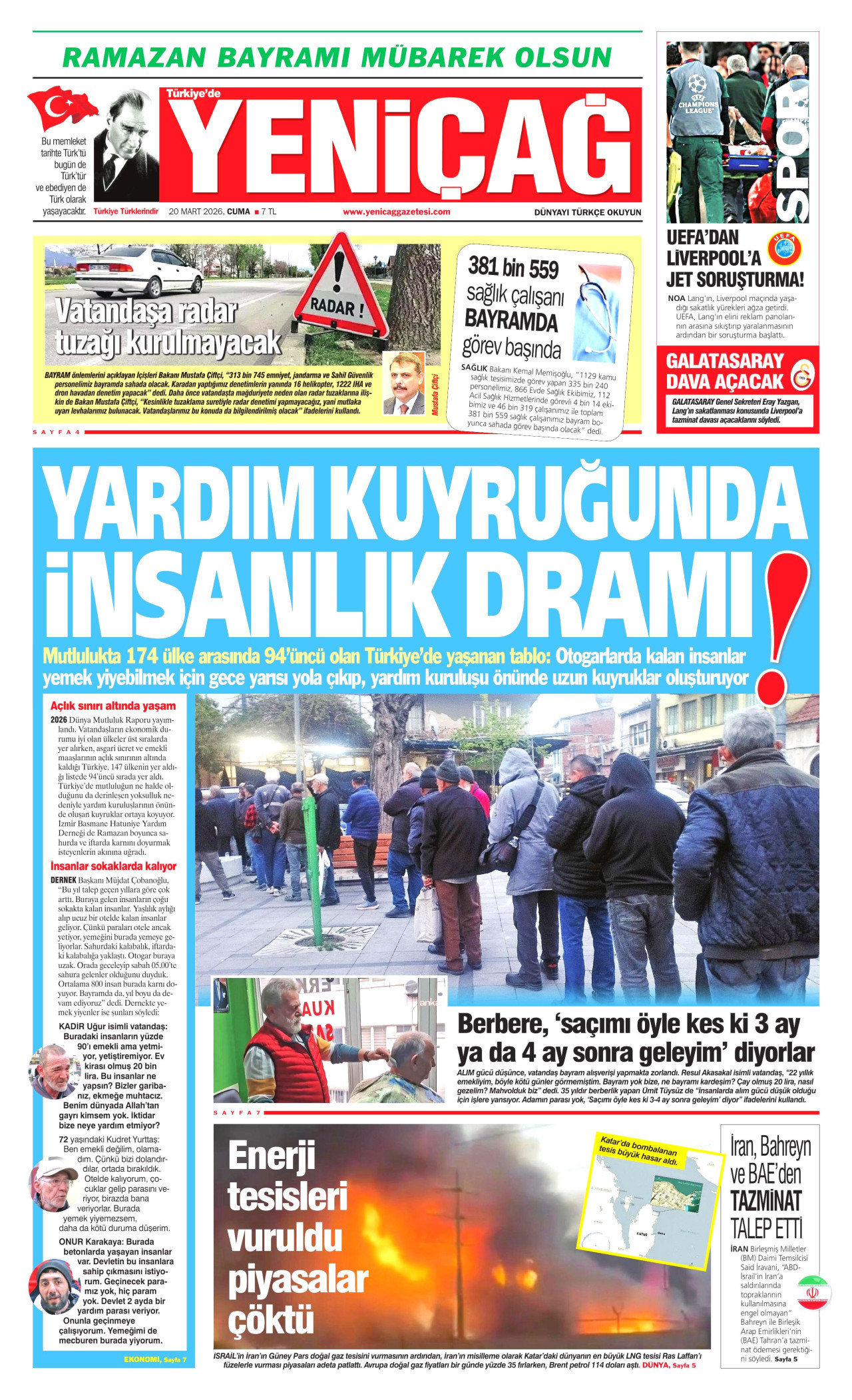 Yeniçağ Gazetesi Manşeti - 20.03.2026