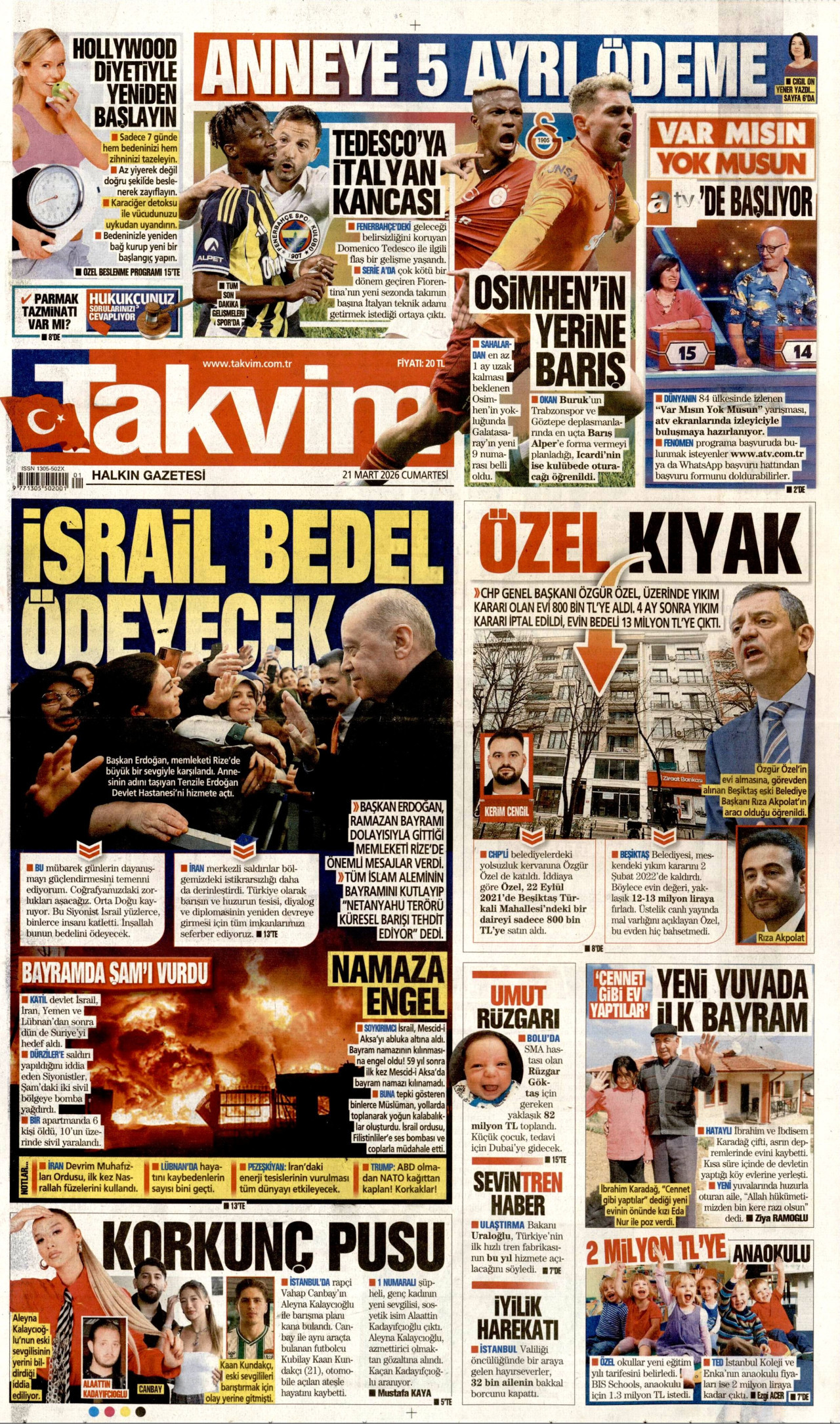 Takvim Gazetesi Manşeti - 21.03.2026