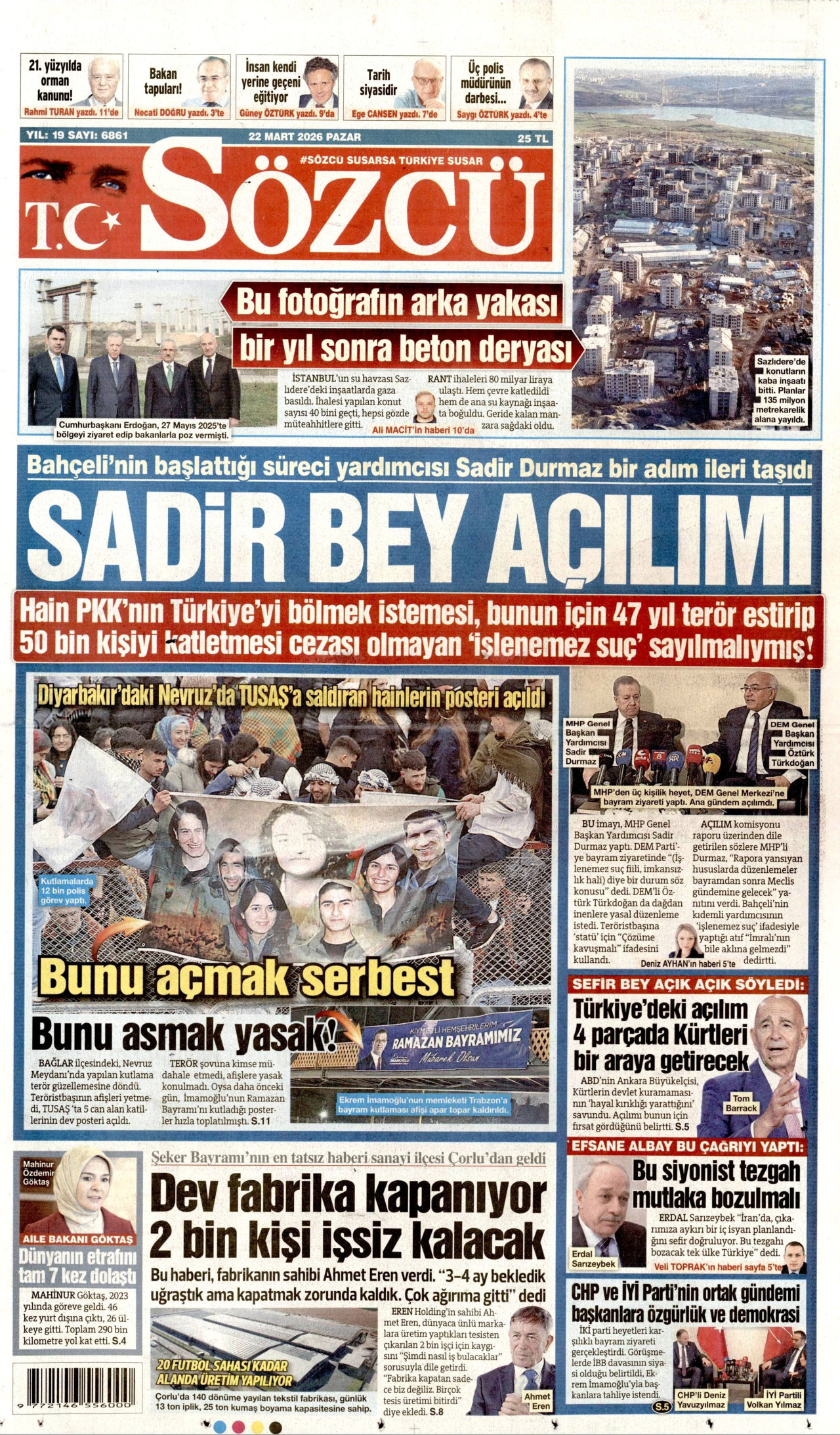 Sözcü Gazetesi Manşeti - 22.03.2026