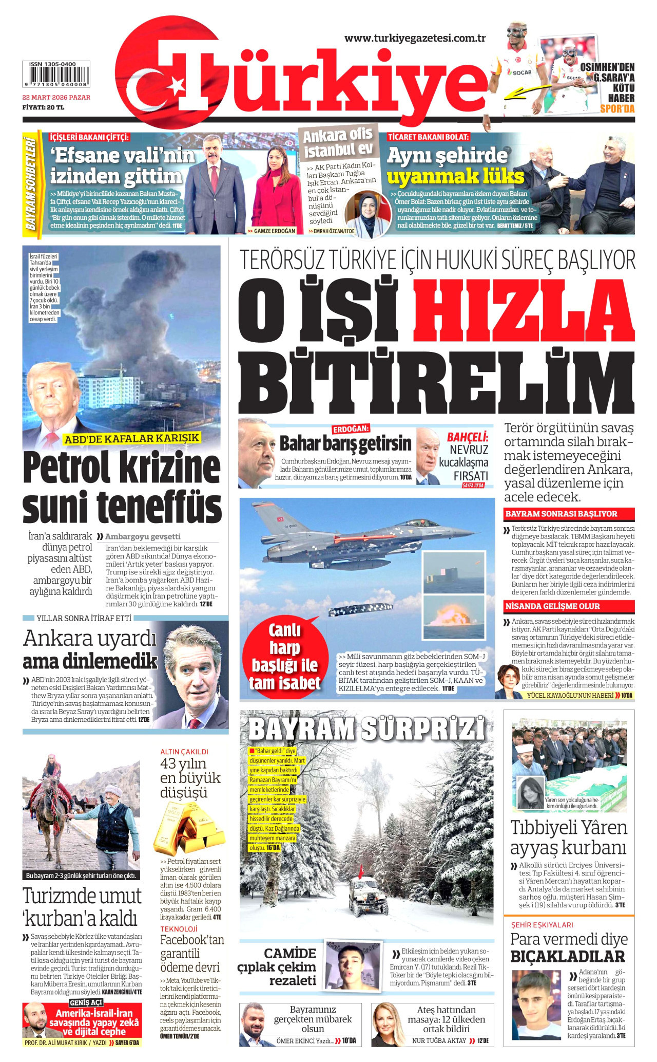 Türkiye Gazetesi Gazetesi Manşeti - 22.03.2026