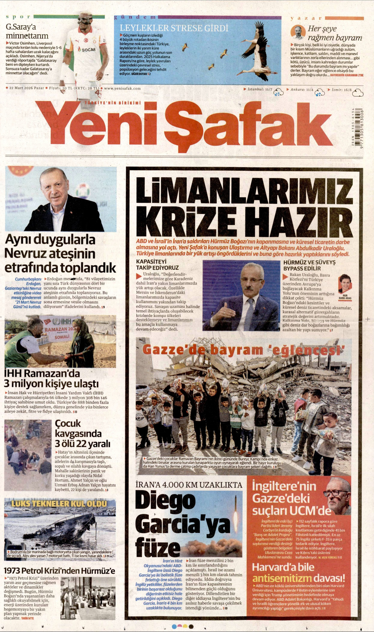 Yeni Şafak Gazetesi Manşeti - 22.03.2026