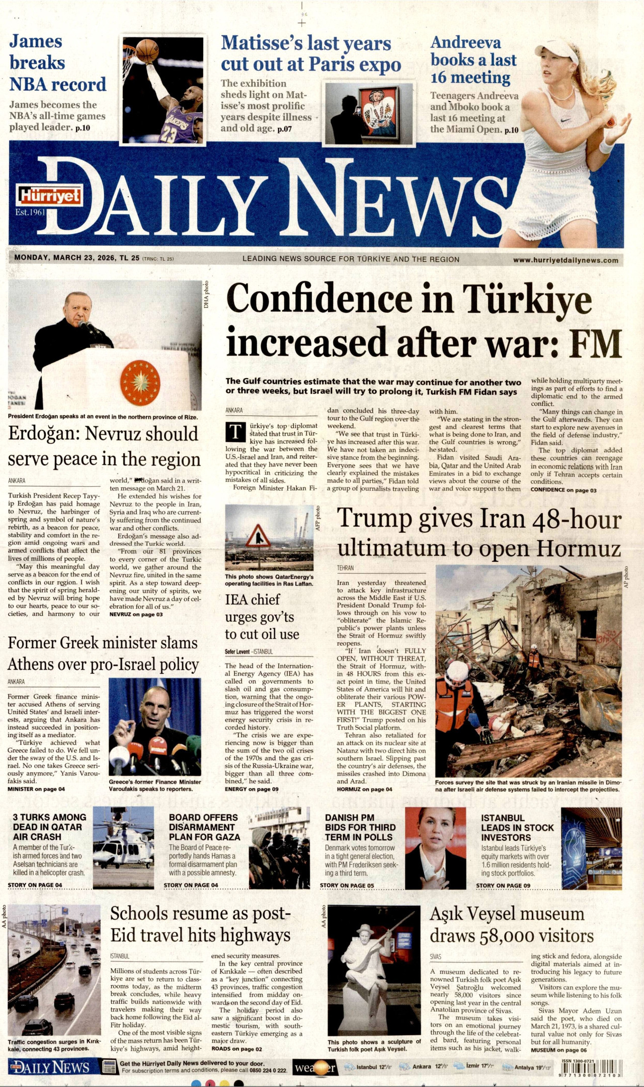 Hürriyet Daily News Gazetesi Manşeti - 23.03.2026