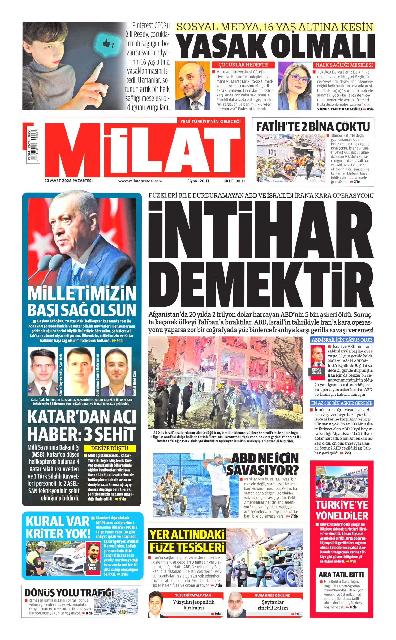 Milat Gazetesi Manşeti - 23.03.2026