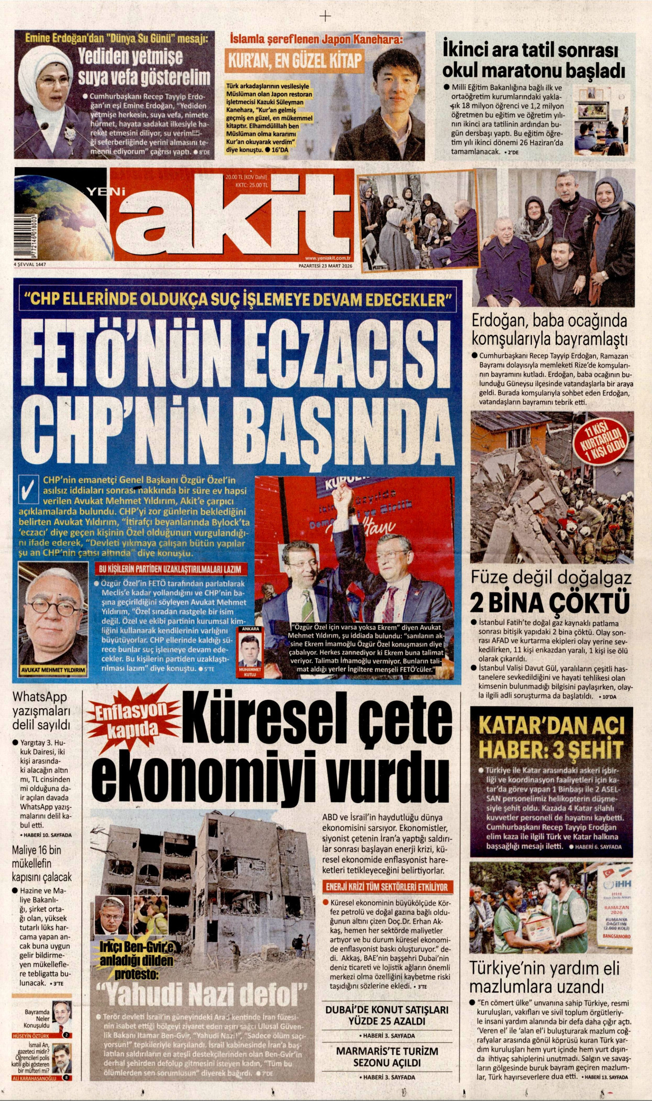 Yeni Akit Gazetesi Manşeti - 23.03.2026