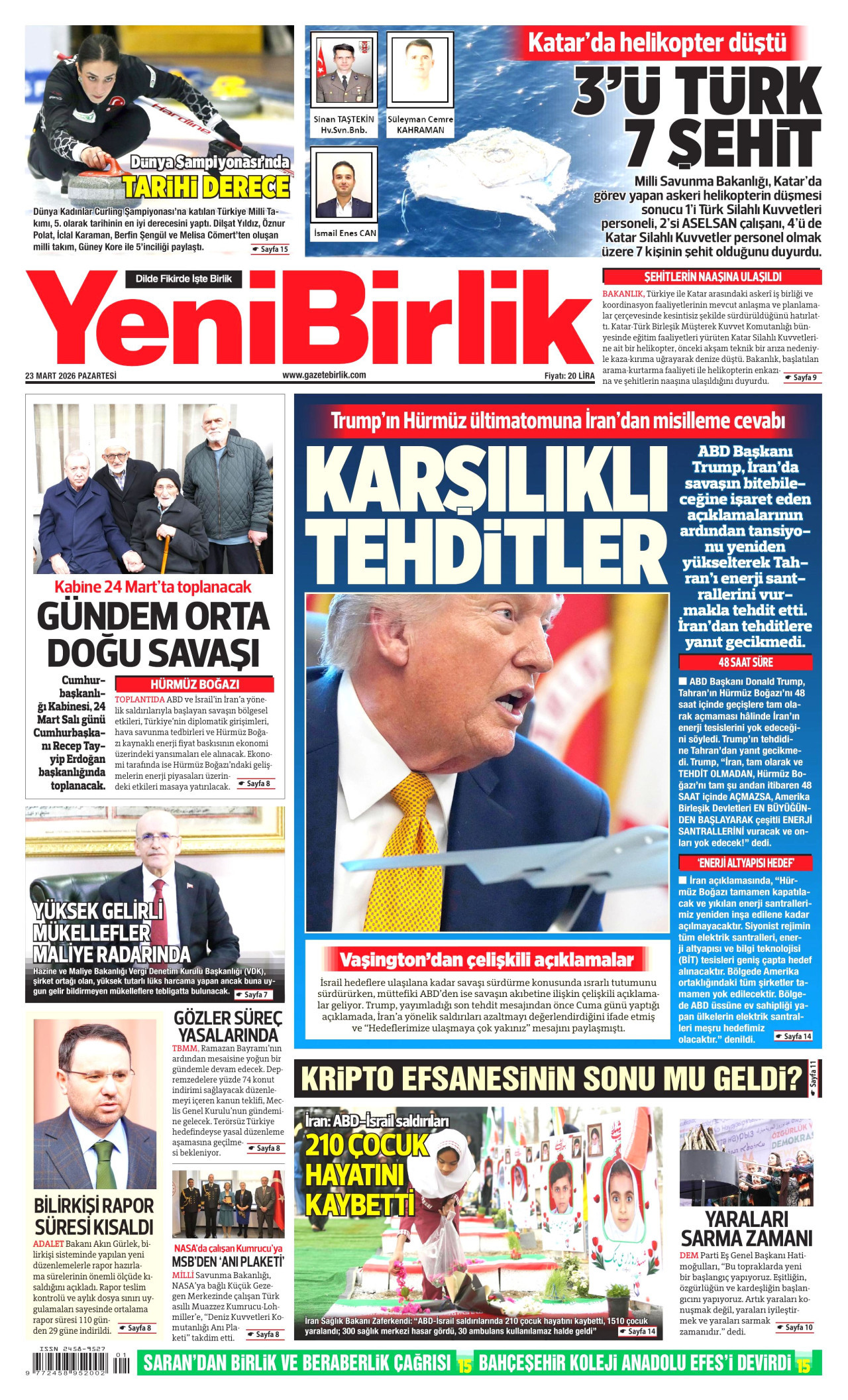 YeniBirlik Gazetesi Manşeti - 23.03.2026