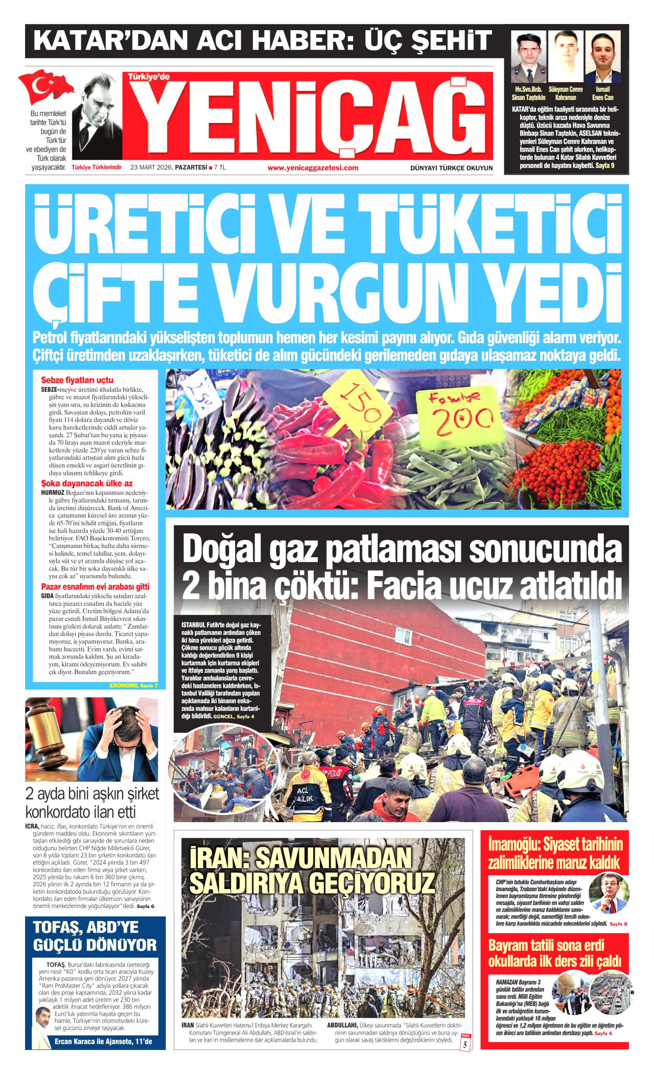 Yeniçağ Gazetesi Manşeti - 23.03.2026