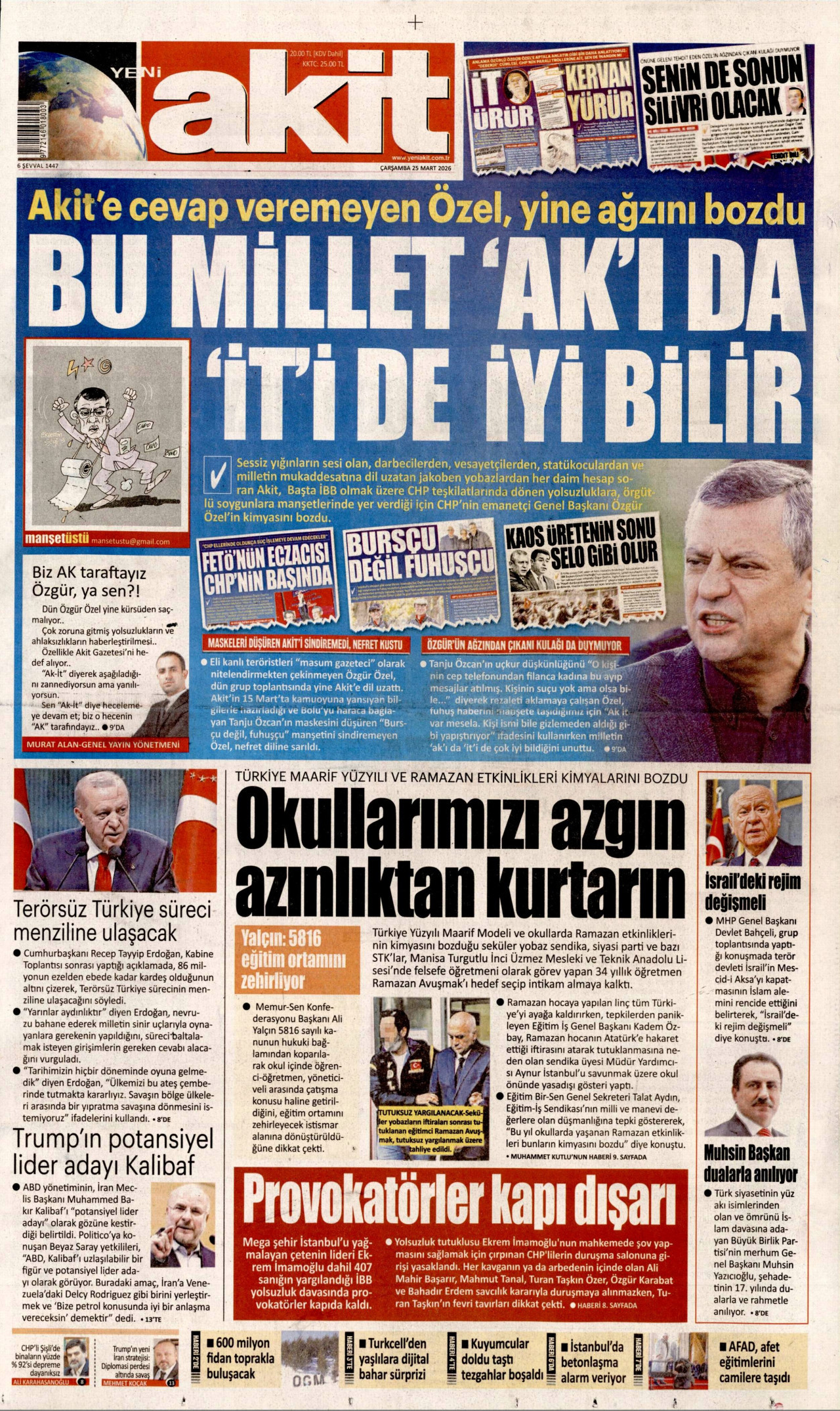 Yeni Akit Gazetesi Manşeti - 25.03.2026