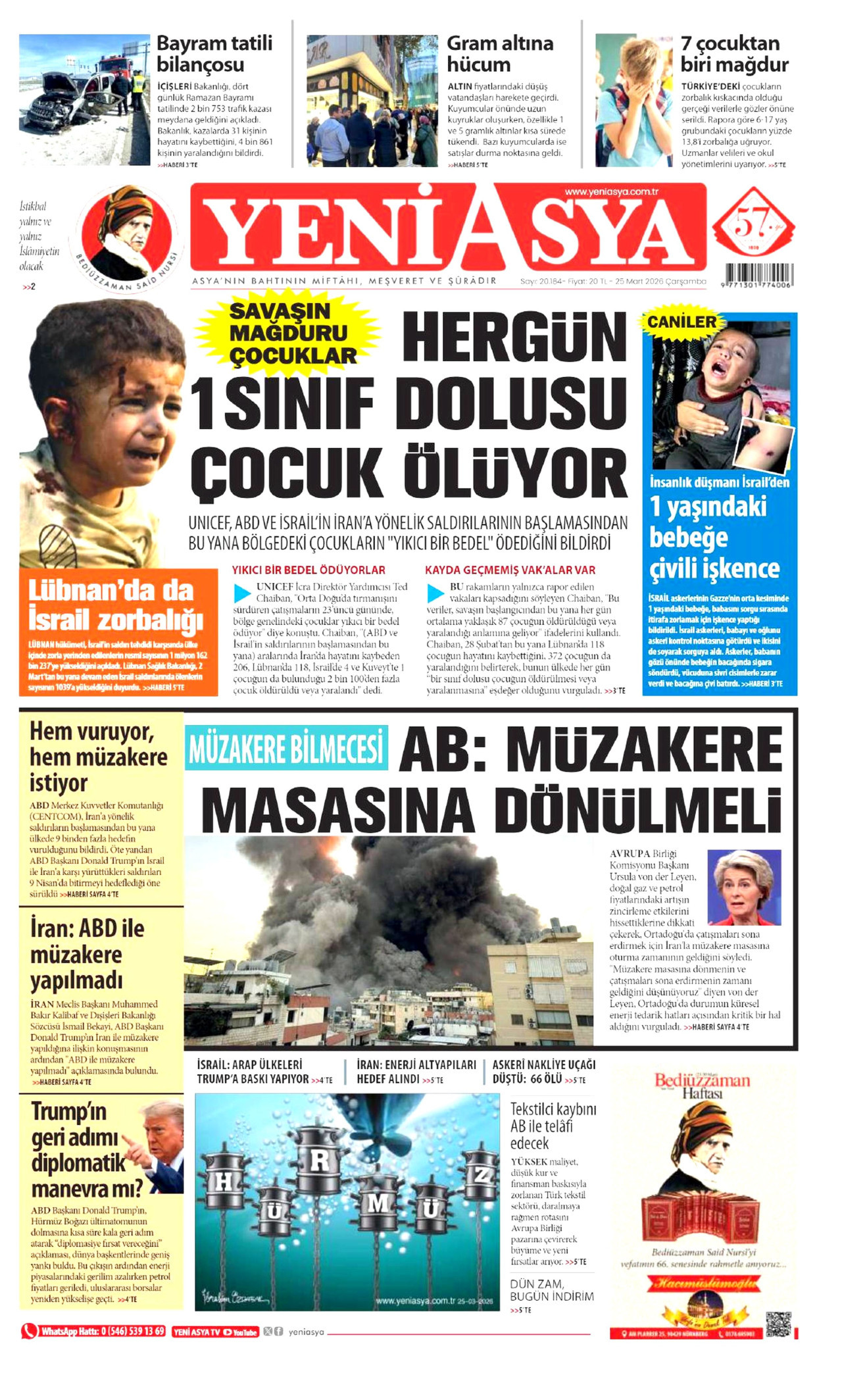 Yeni Asya Gazetesi Manşeti - 25.03.2026