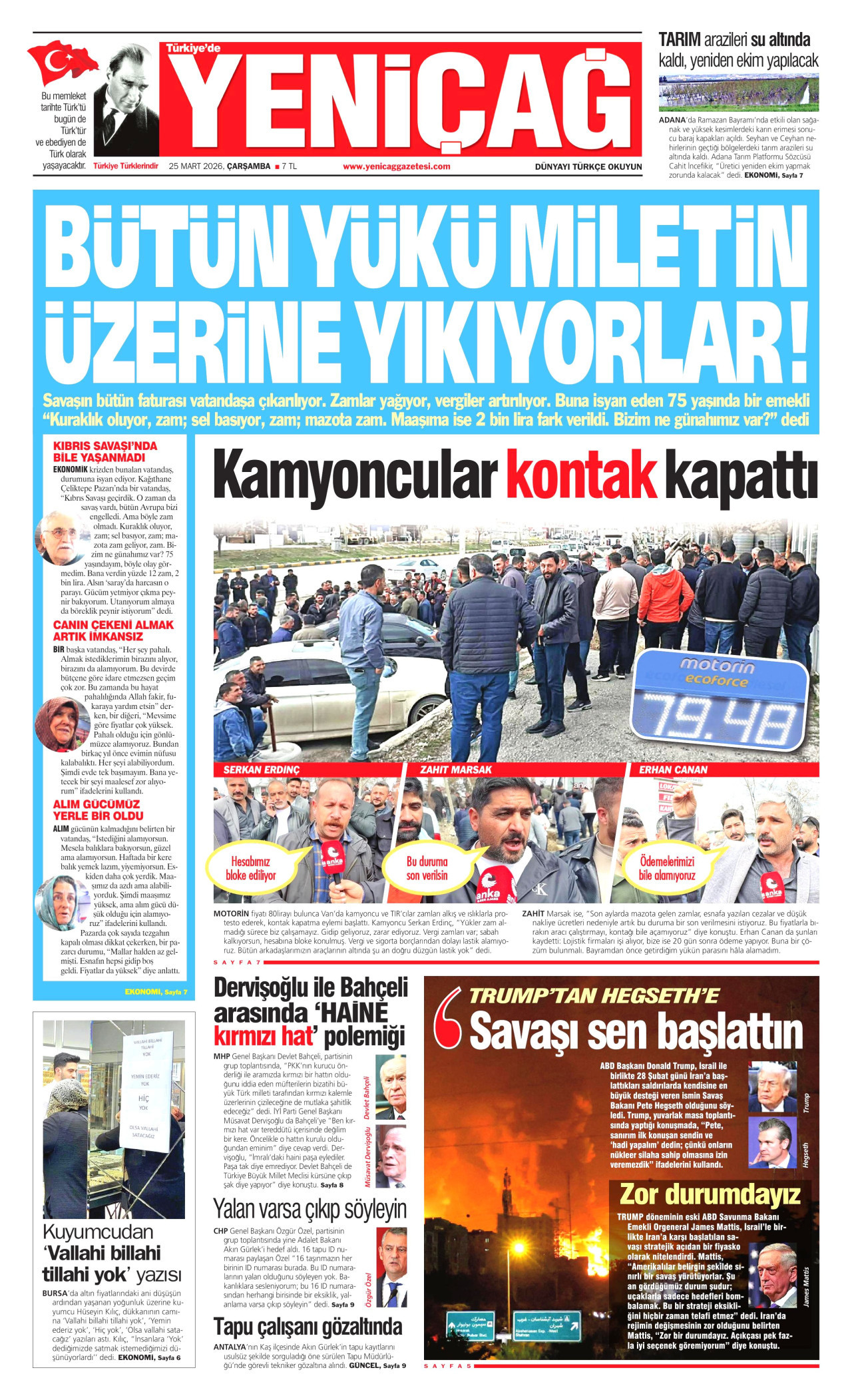 Yeniçağ Gazetesi Manşeti - 25.03.2026