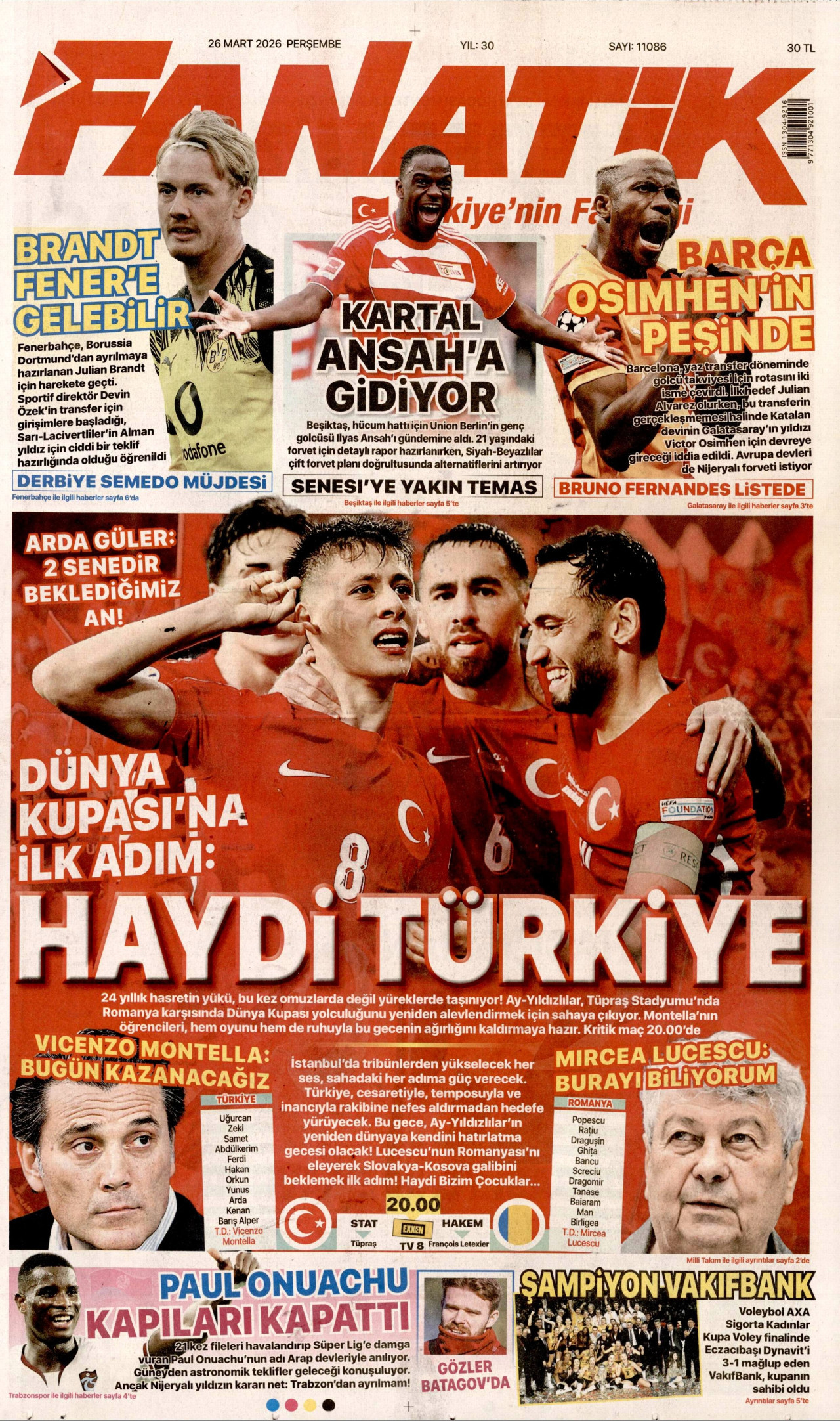 Fanatik Gazetesi Manşeti - 26.03.2026