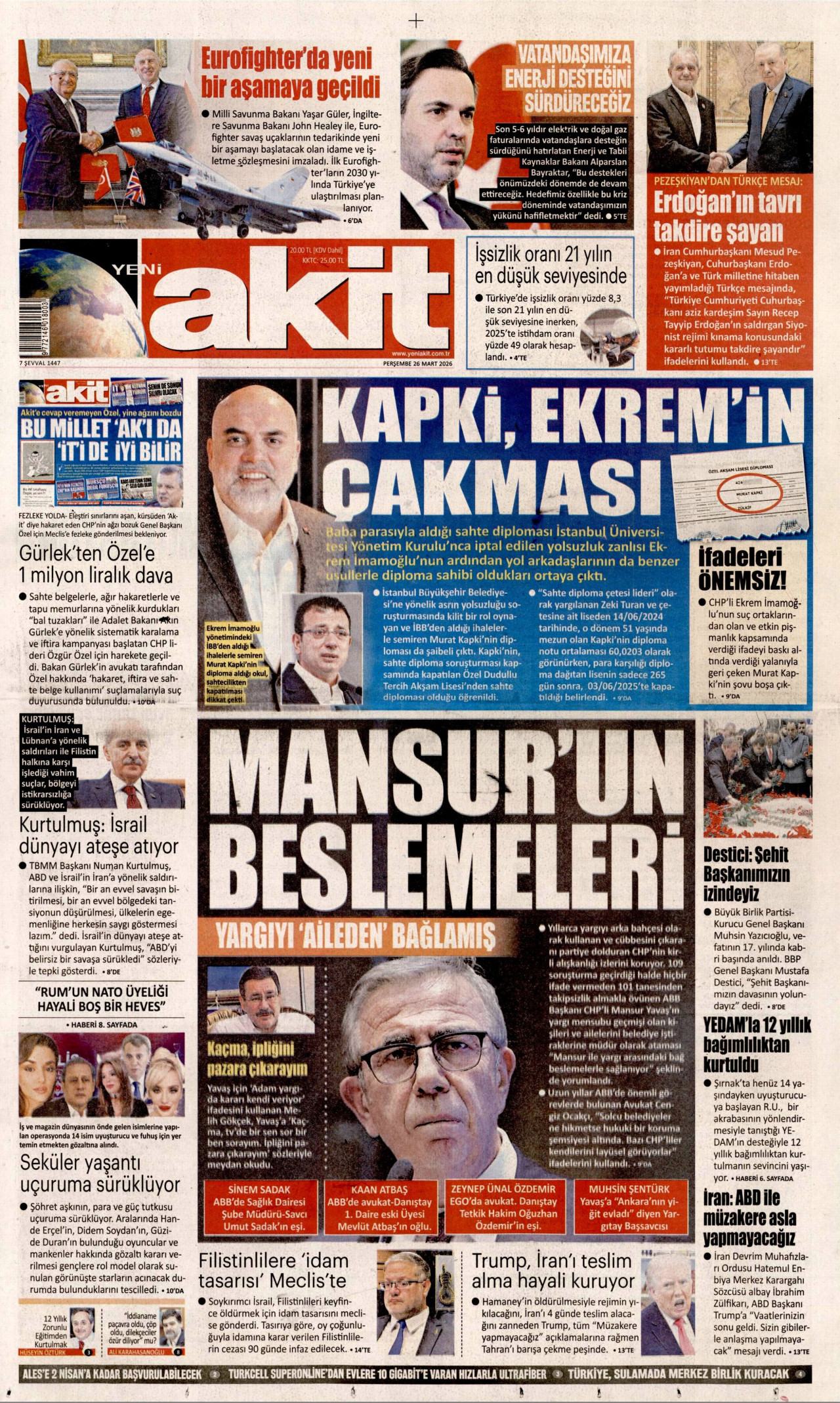 Yeni Akit Gazetesi Manşeti - 26.03.2026