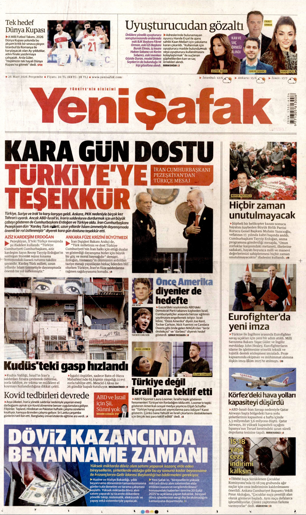 Yeni Şafak Gazetesi Manşeti - 26.03.2026
