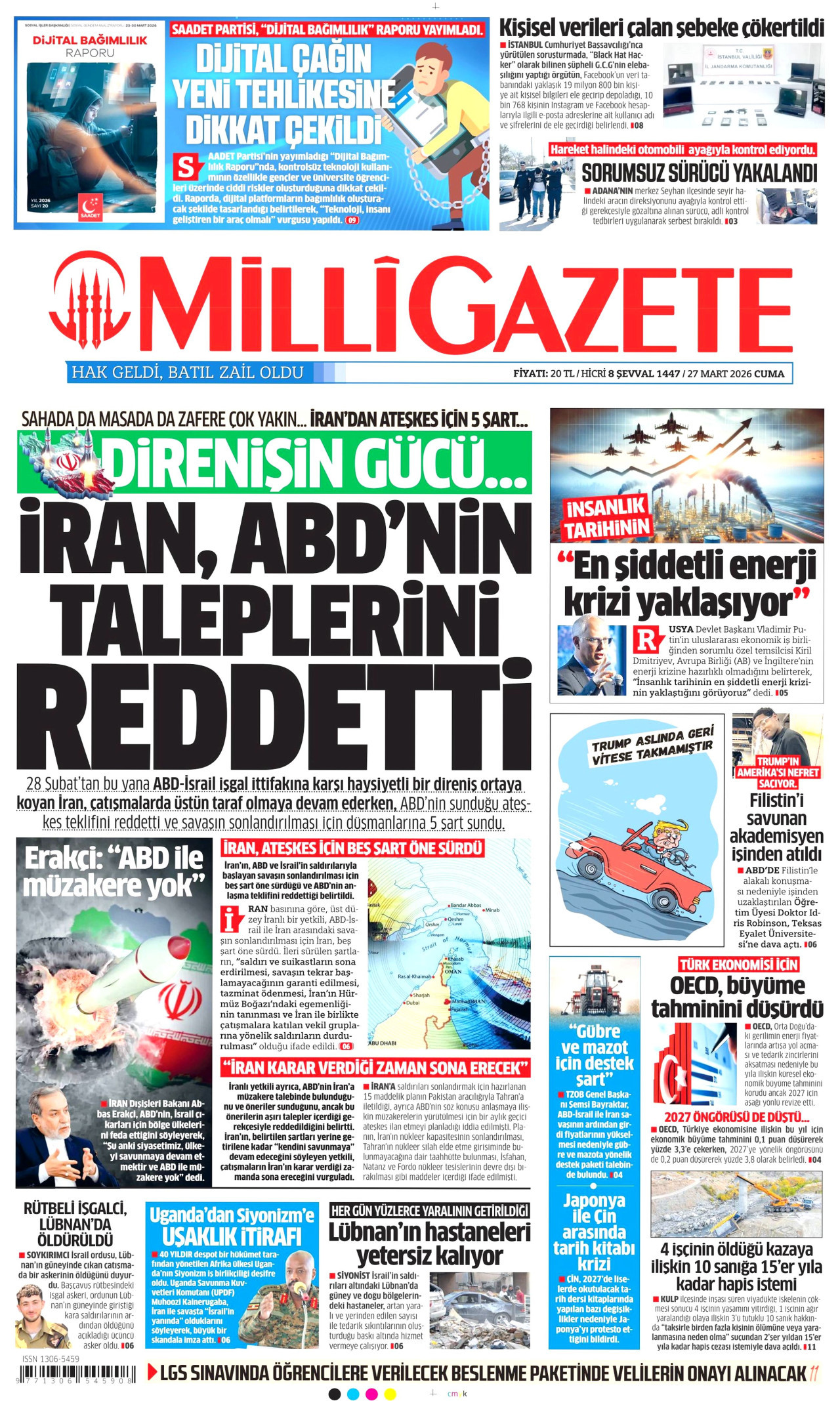 Milli Gazete Gazetesi Manşeti - 27.03.2026