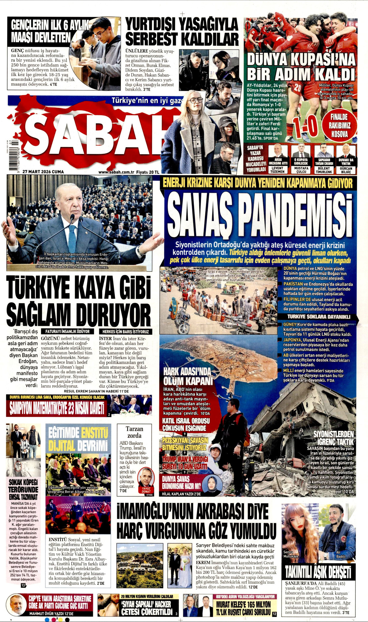 Sabah Gazetesi Manşeti - 27.03.2026