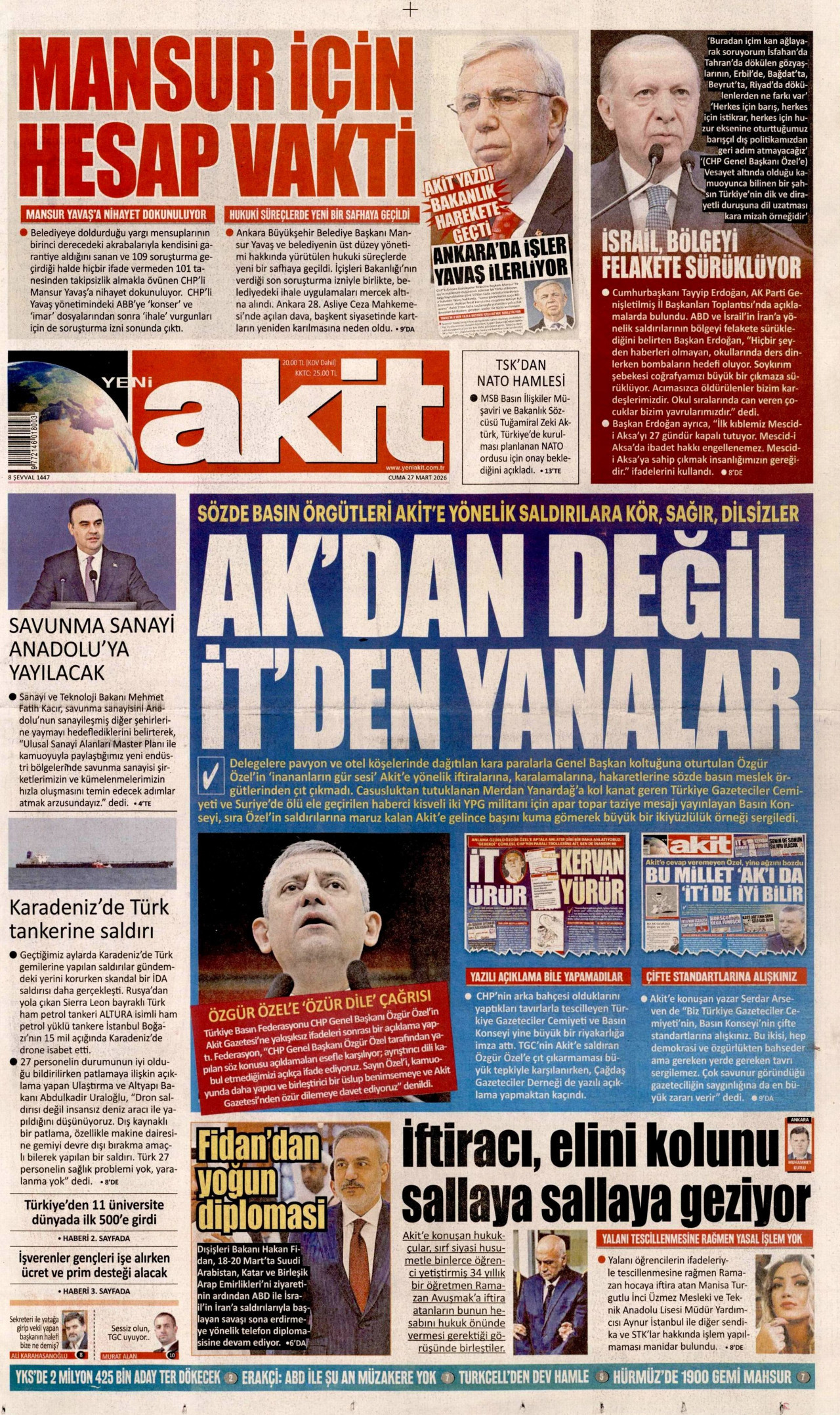 Yeni Akit Gazetesi Manşeti - 27.03.2026