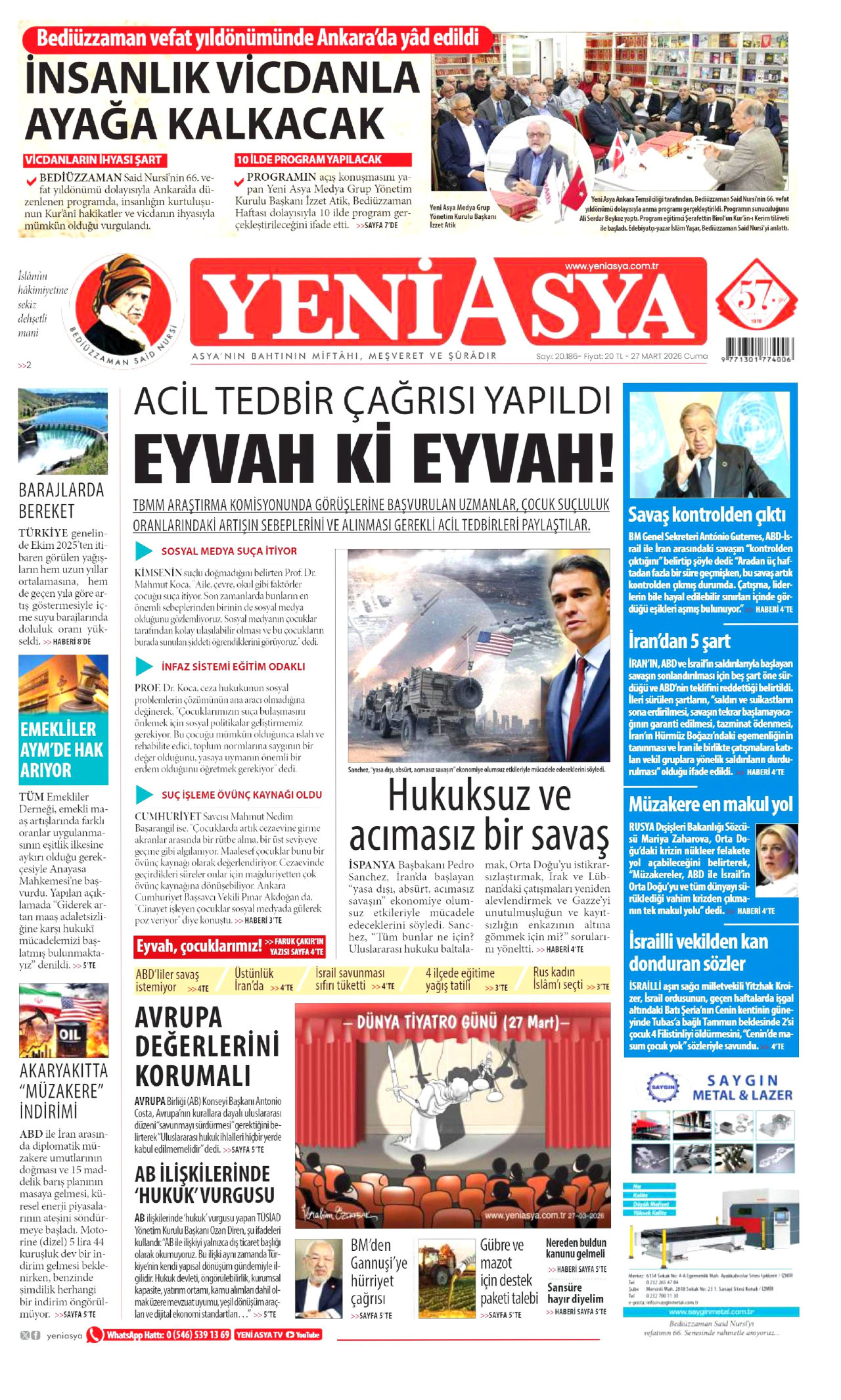 Yeni Asya Gazetesi Manşeti - 27.03.2026