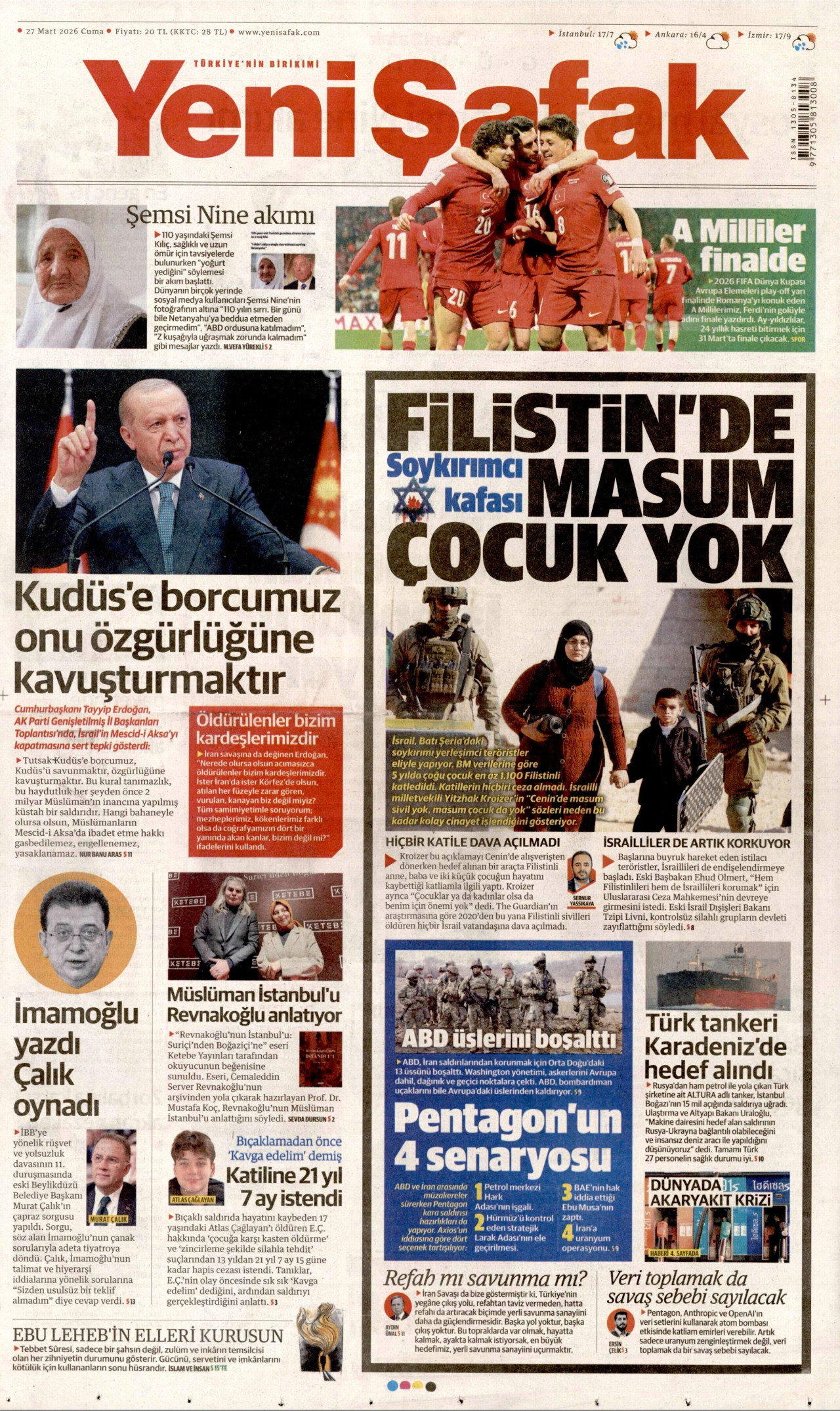 Yeni Şafak Gazetesi Manşeti - 27.03.2026