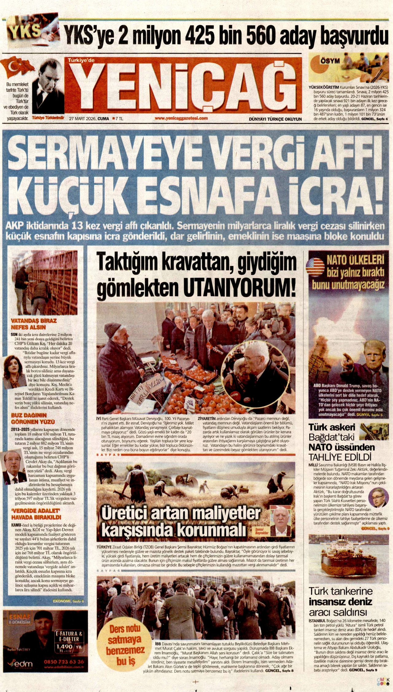 Yeniçağ Gazetesi Manşeti - 27.03.2026