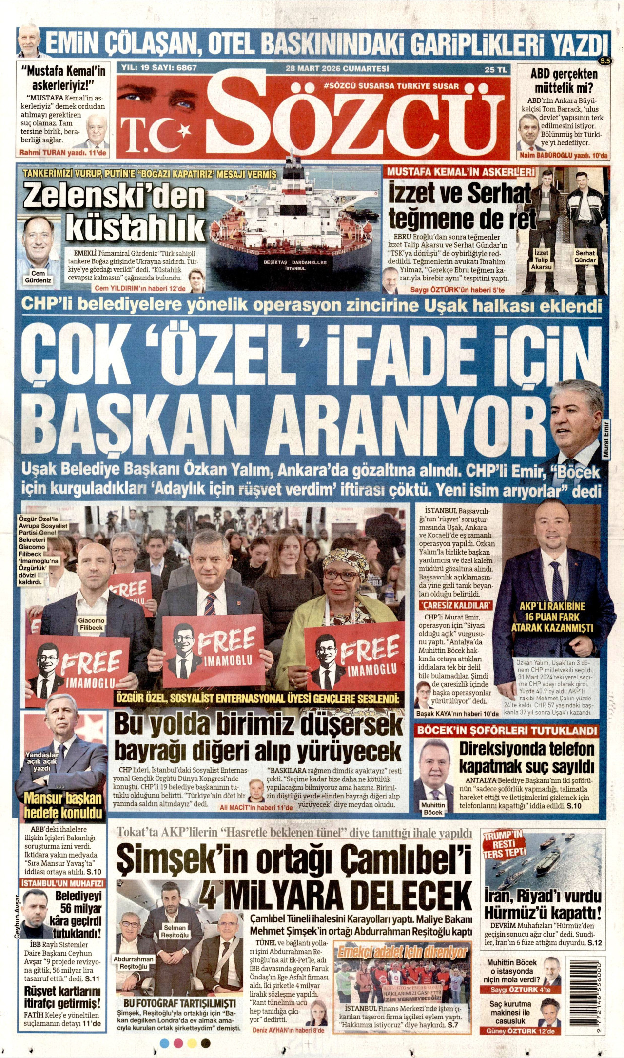 Sözcü Gazetesi Manşeti - 28.03.2026
