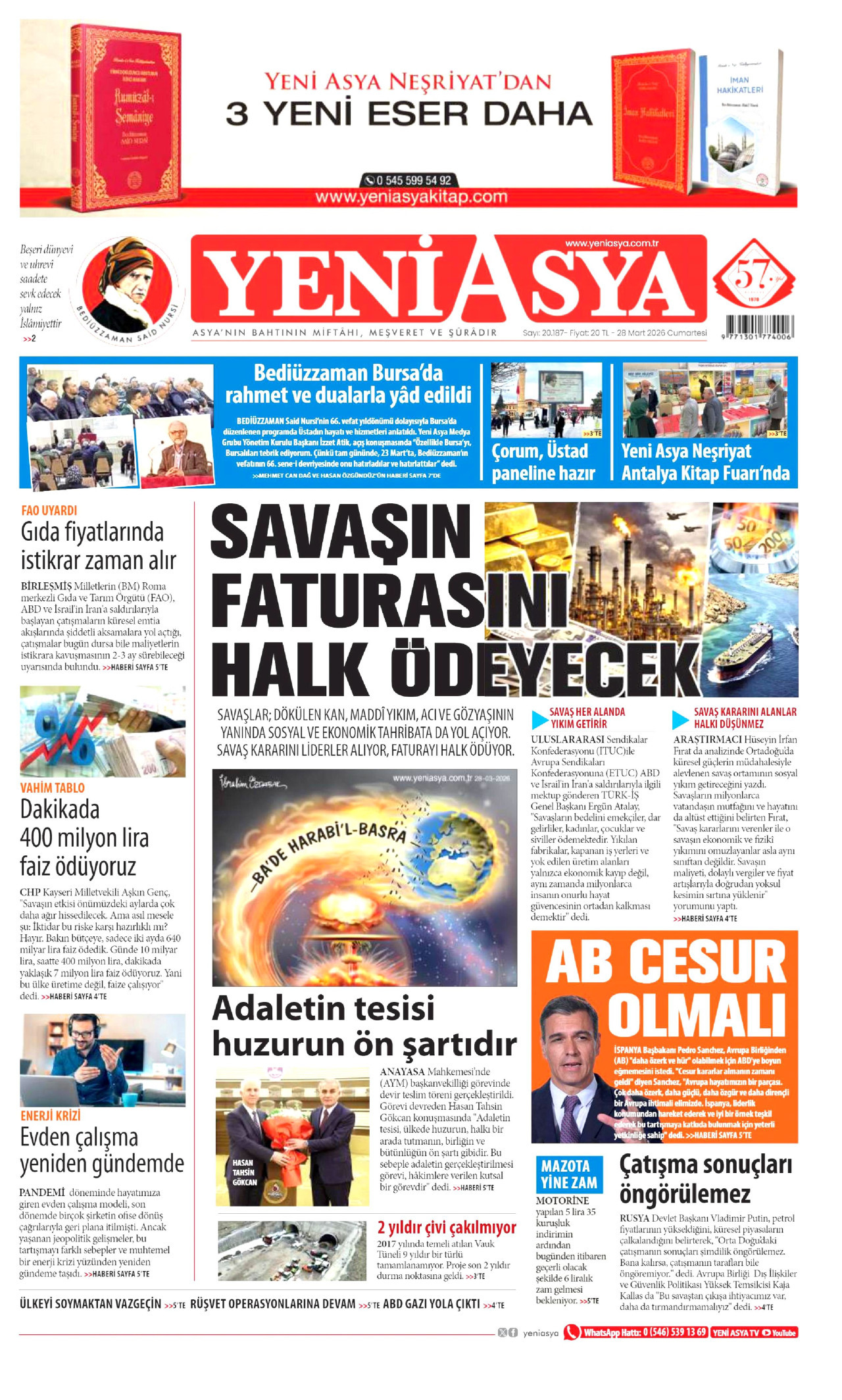 Yeni Asya Gazetesi Manşeti - 28.03.2026