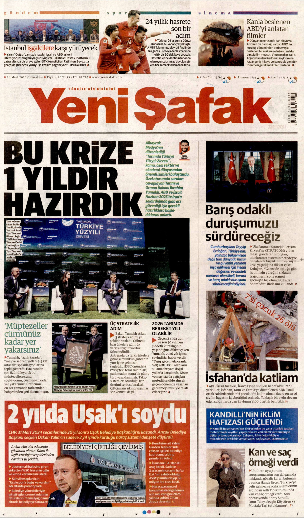 Yeni Şafak Gazetesi Manşeti - 28.03.2026