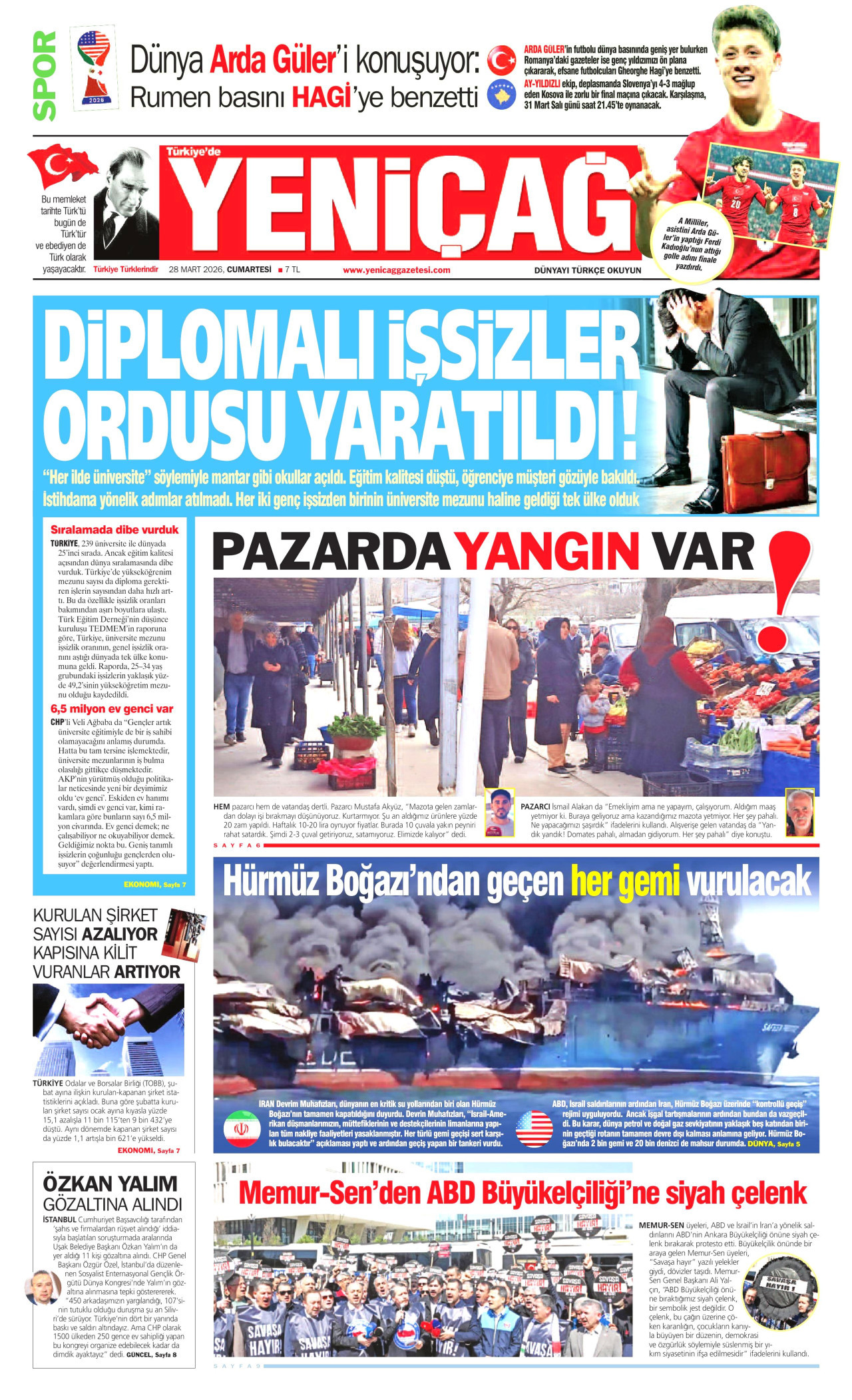 Yeniçağ Gazetesi Manşeti - 28.03.2026