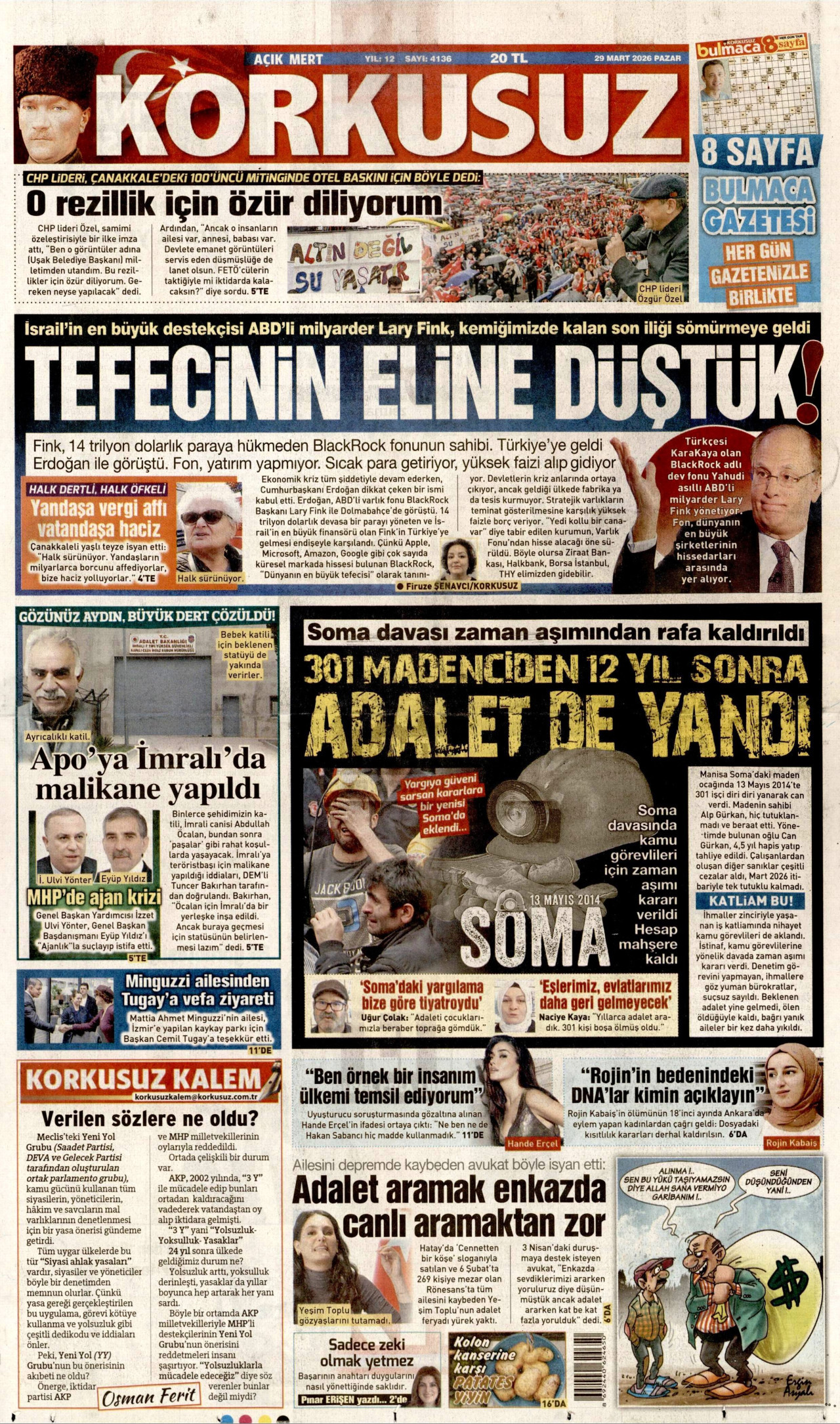 Korkusuz Gazetesi Manşeti - 29.03.2026