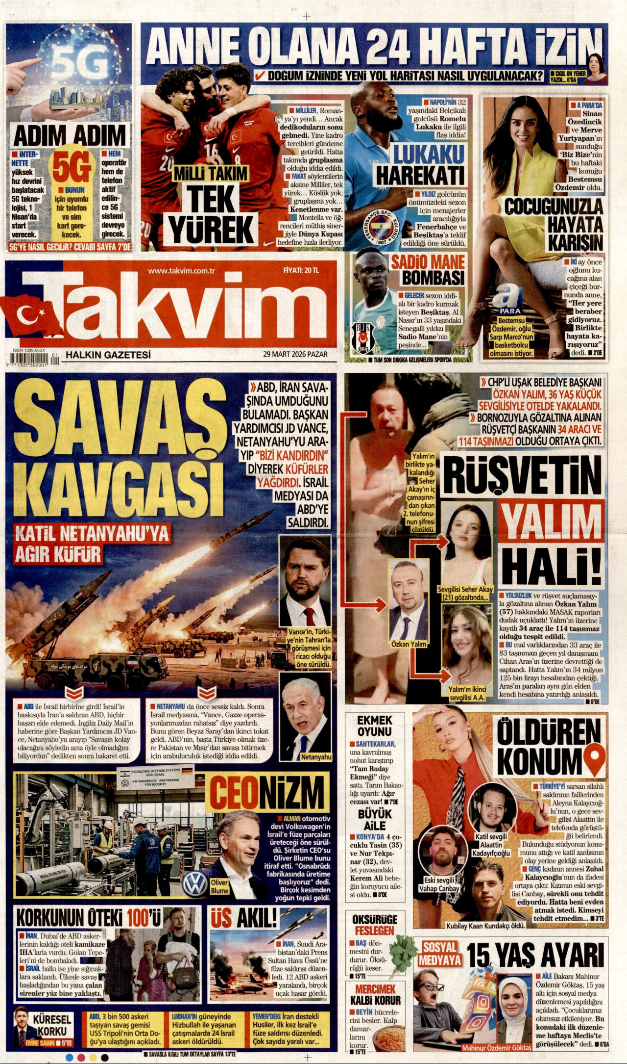 Takvim Gazetesi Manşeti - 29.03.2026