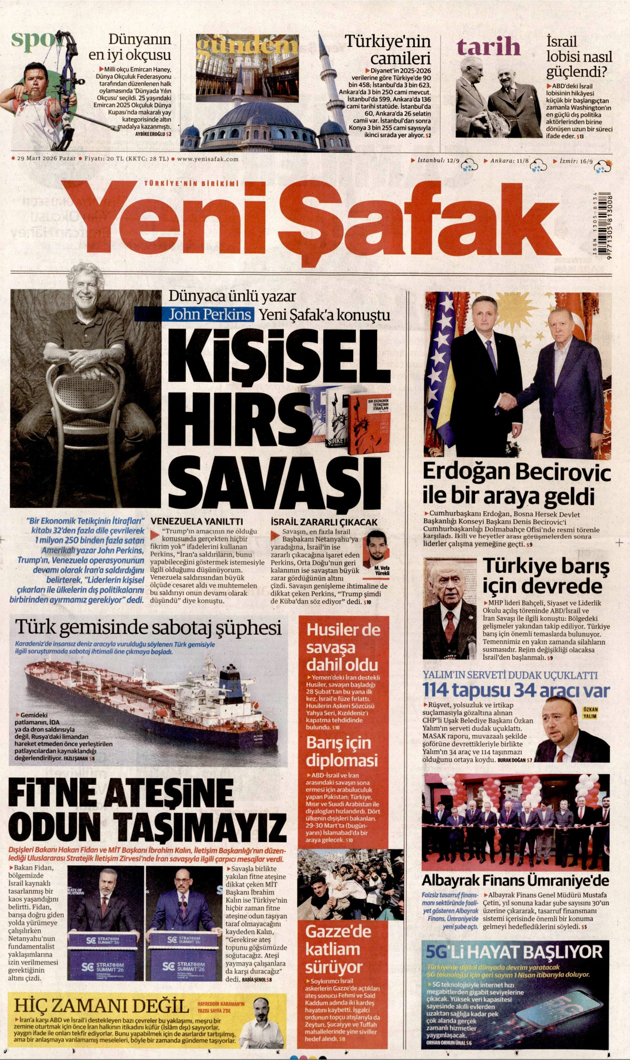 Yeni Şafak Gazetesi Manşeti - 29.03.2026