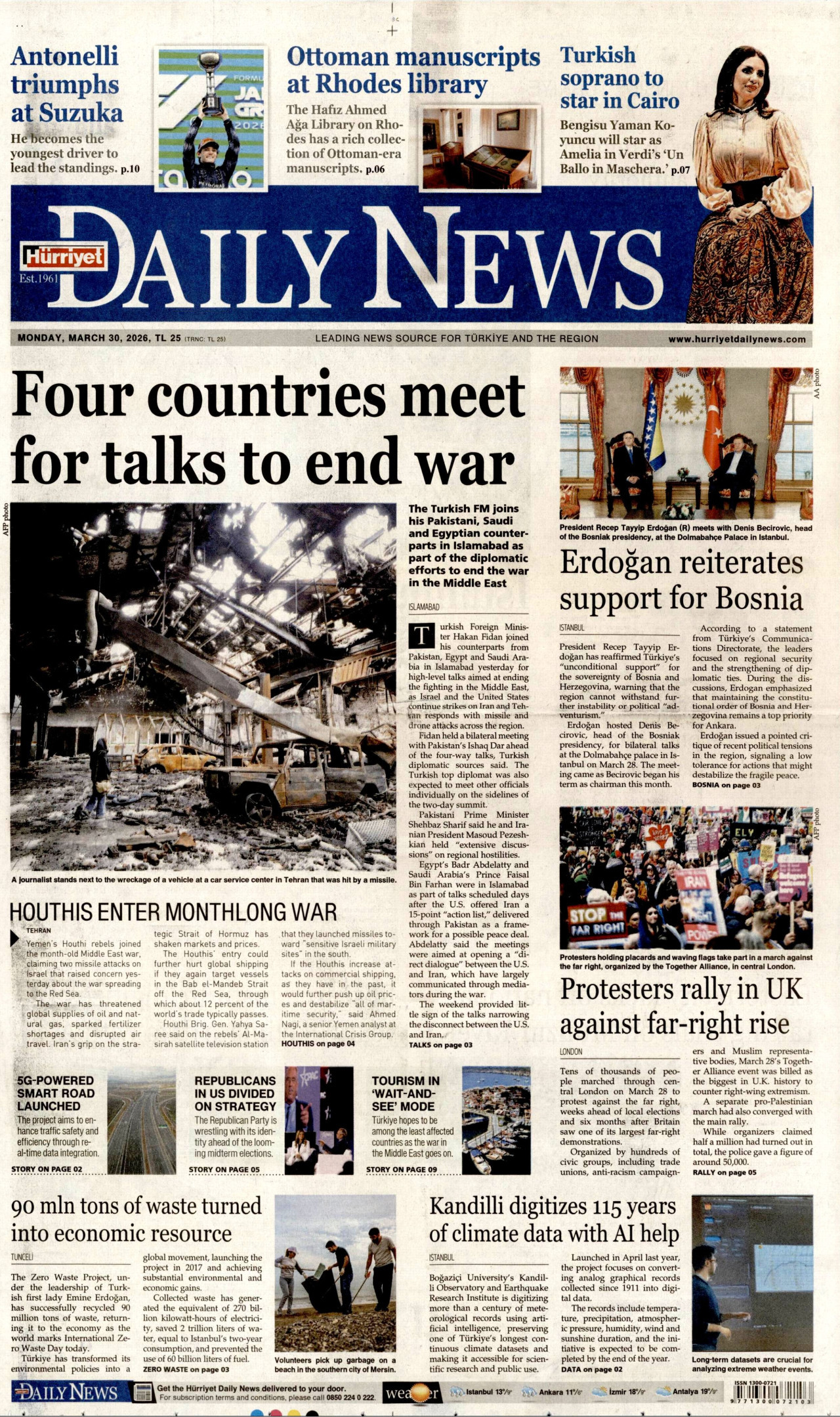 Hürriyet Daily News Gazetesi Manşeti - 30.03.2026