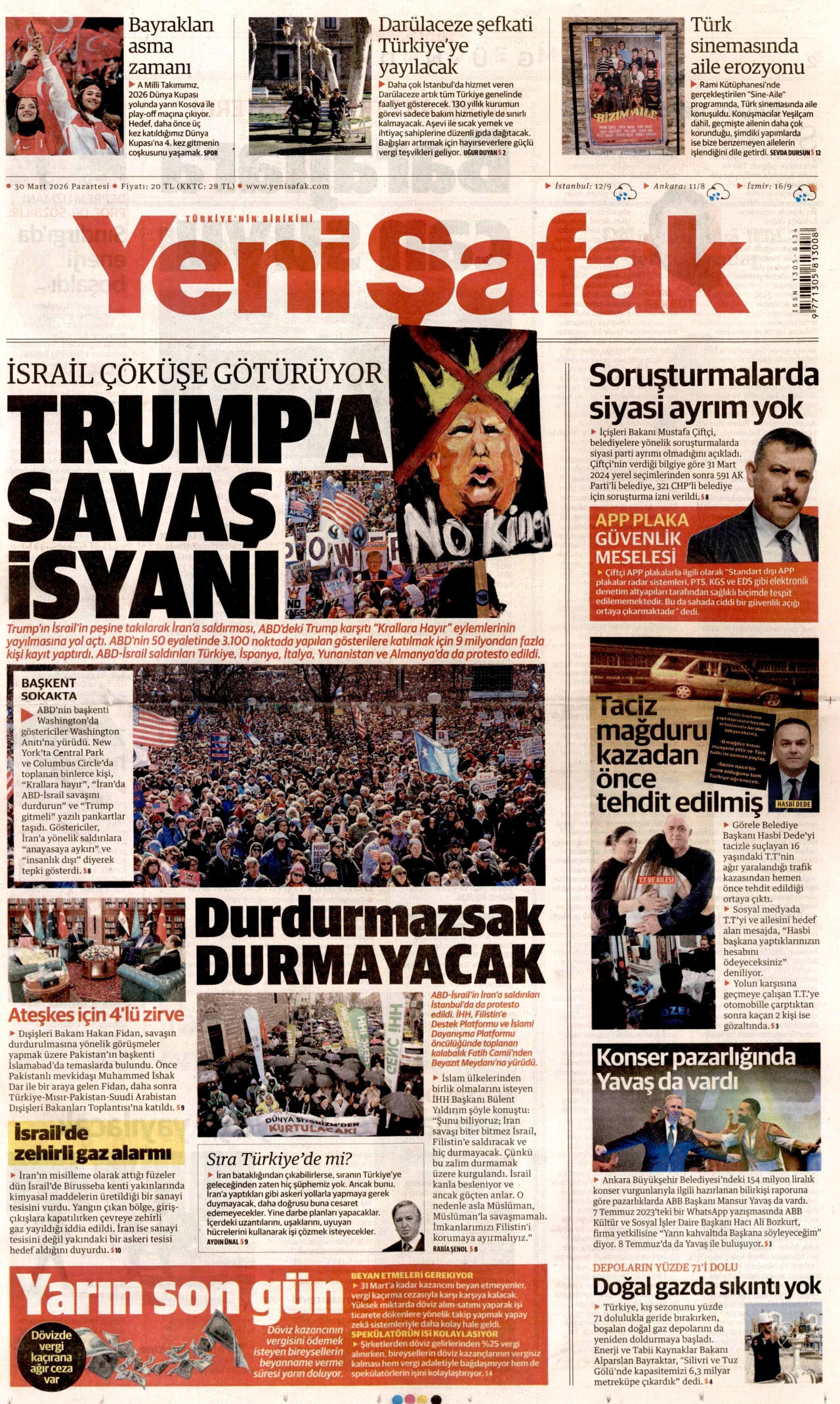 Yeni Şafak Gazetesi Manşeti - 30.03.2026