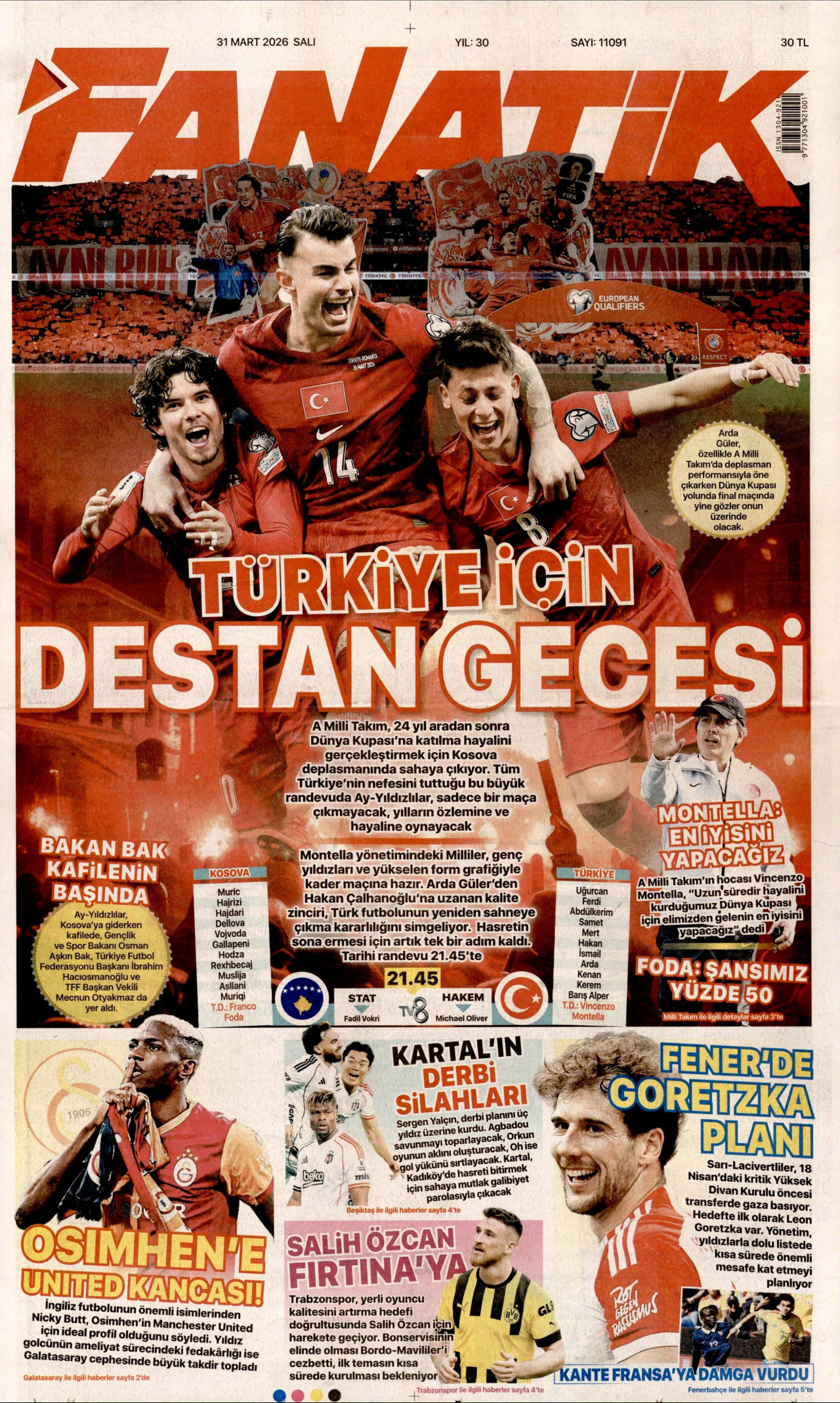Fanatik Gazetesi Manşeti - 31 Mart 2026 Birinci Sayfa