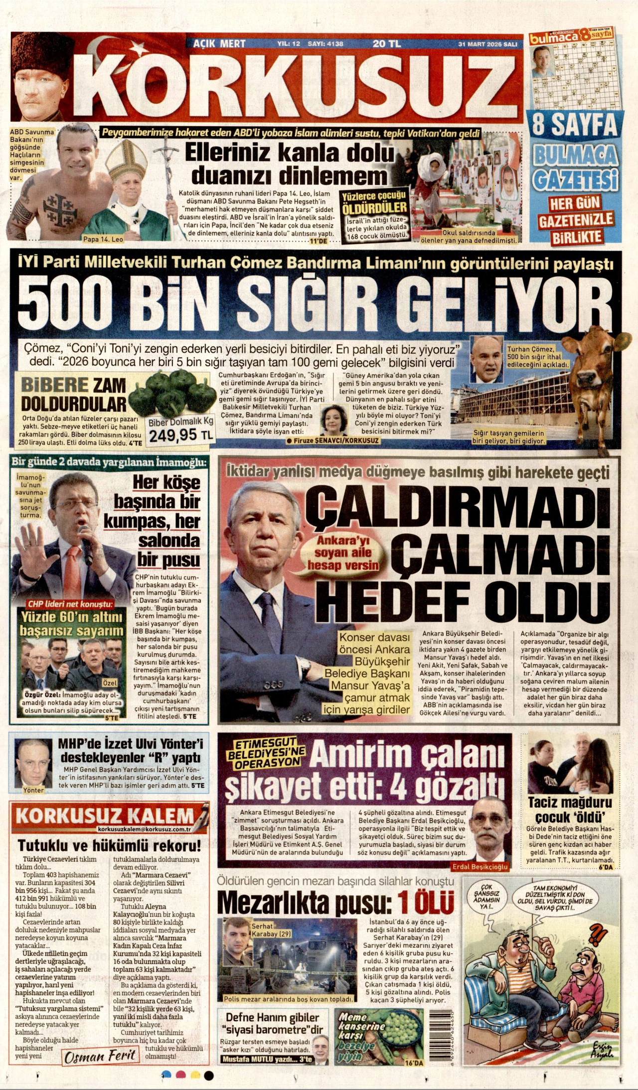 Korkusuz Gazetesi Manşeti - 31.03.2026