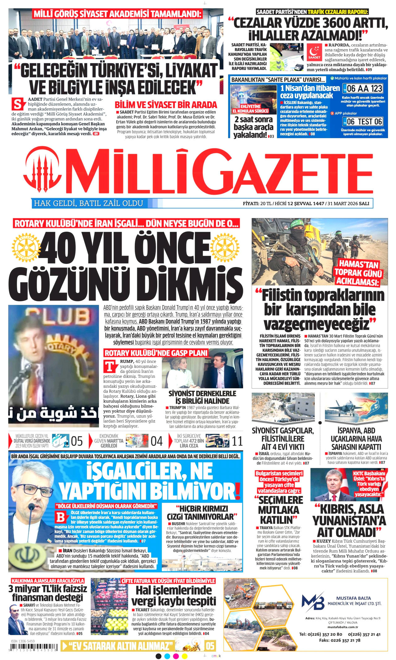 Milli Gazete Gazetesi Manşeti - 31.03.2026