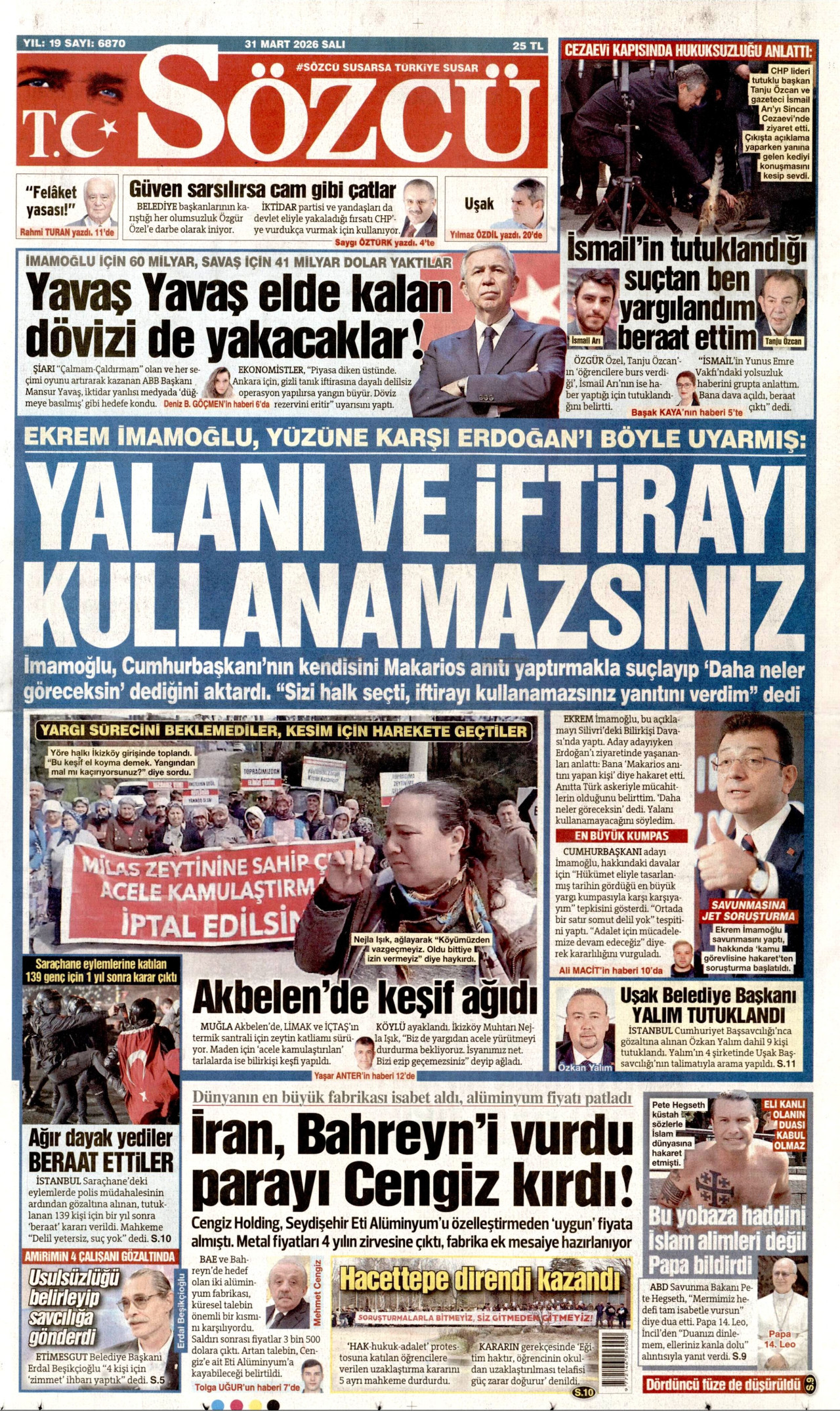 Sözcü Gazetesi Manşeti - 31.03.2026